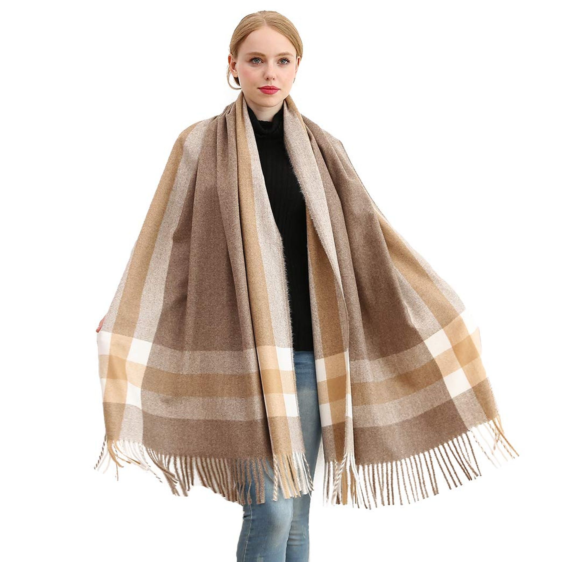 Women's Soft Cashmere Wool Scarf Large Pashmina Shawl and Wrap Warm Blanket Stole - Caramel One Size