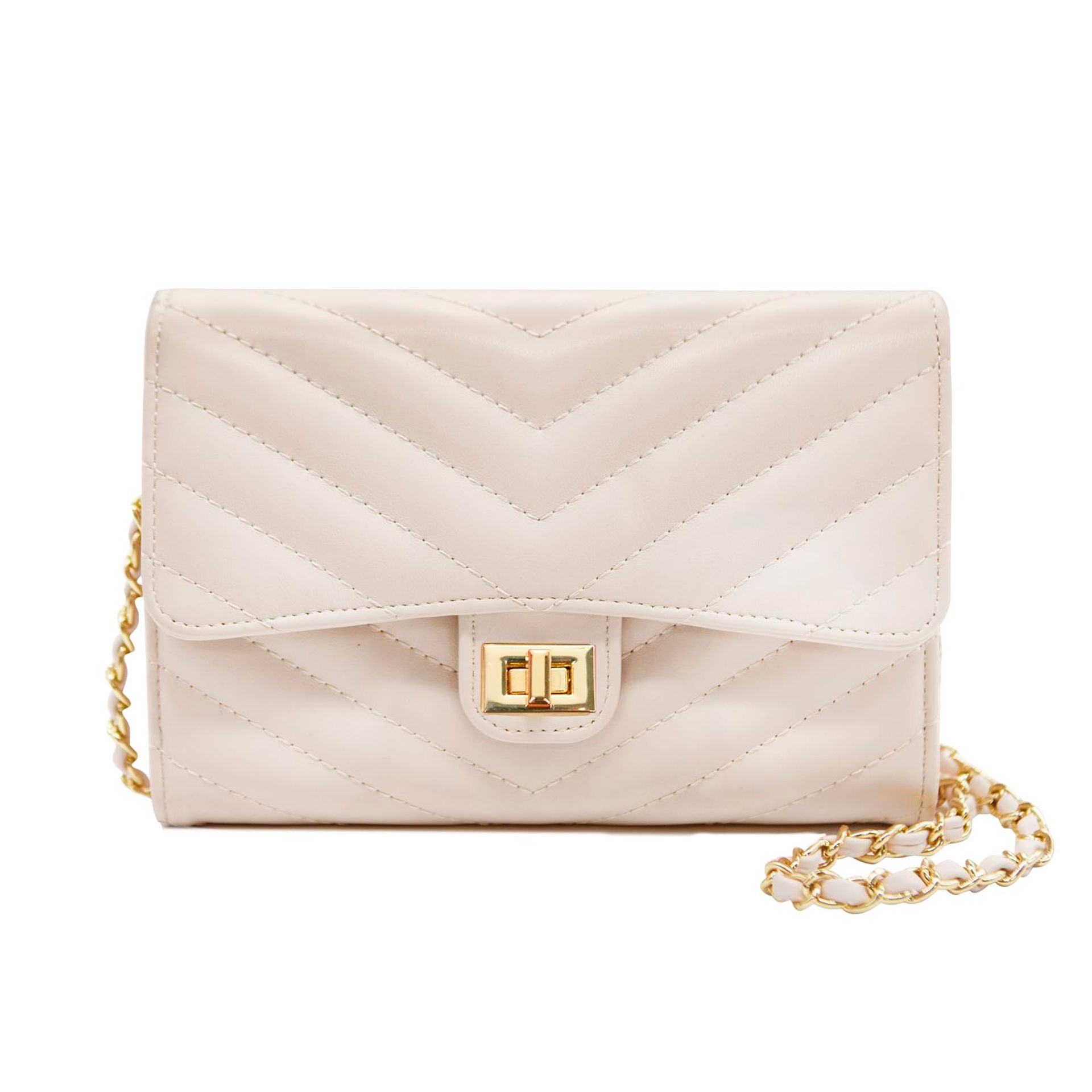 Women's Small Quilted Crossbody Shoulder Bag PU Leather Clutch with Chain Strap for Parties and Evenings - White S