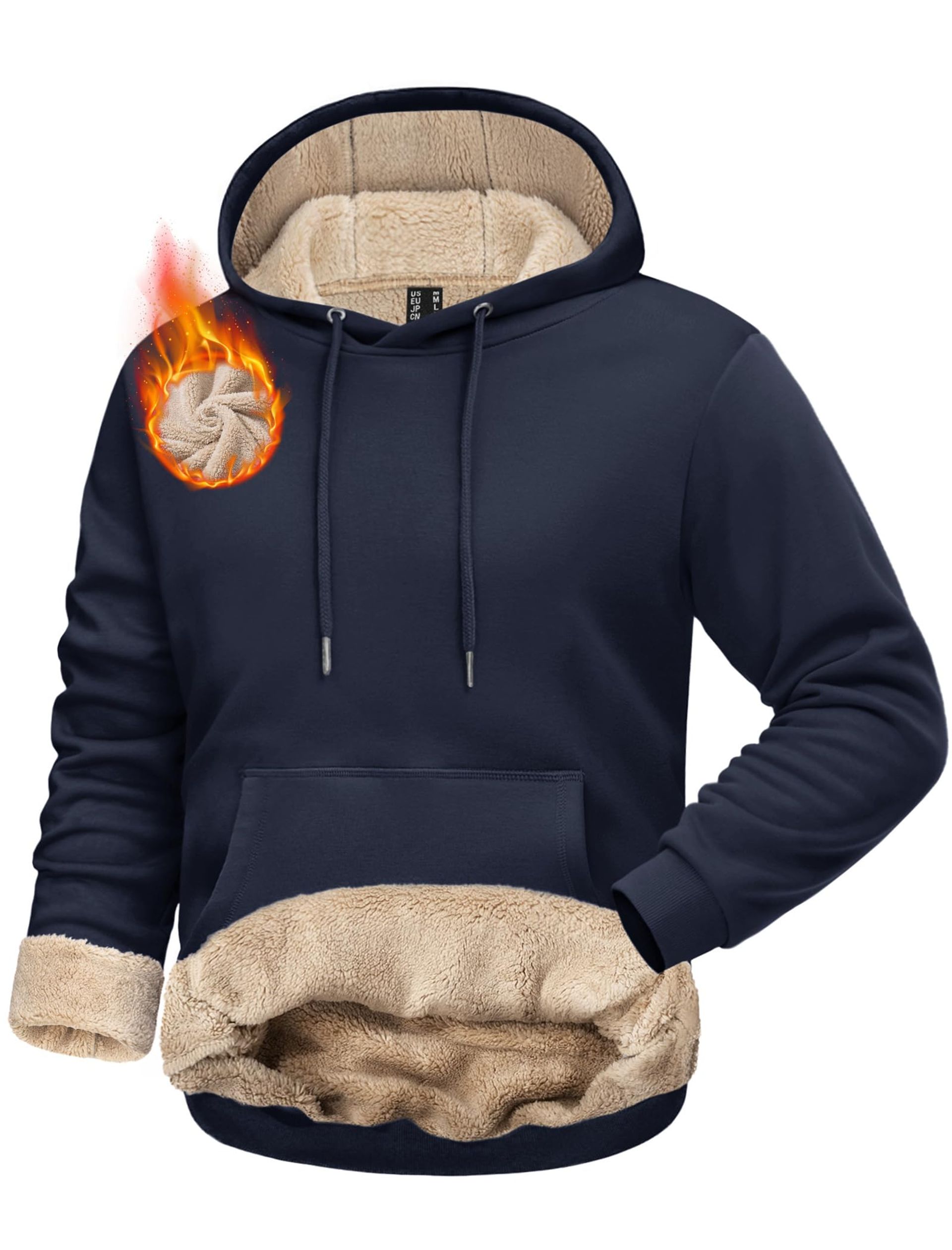 Men's Sherpa Fleece Hoodie Thick Cotton Pullover Warm Winter Sweatshirt - Navy M