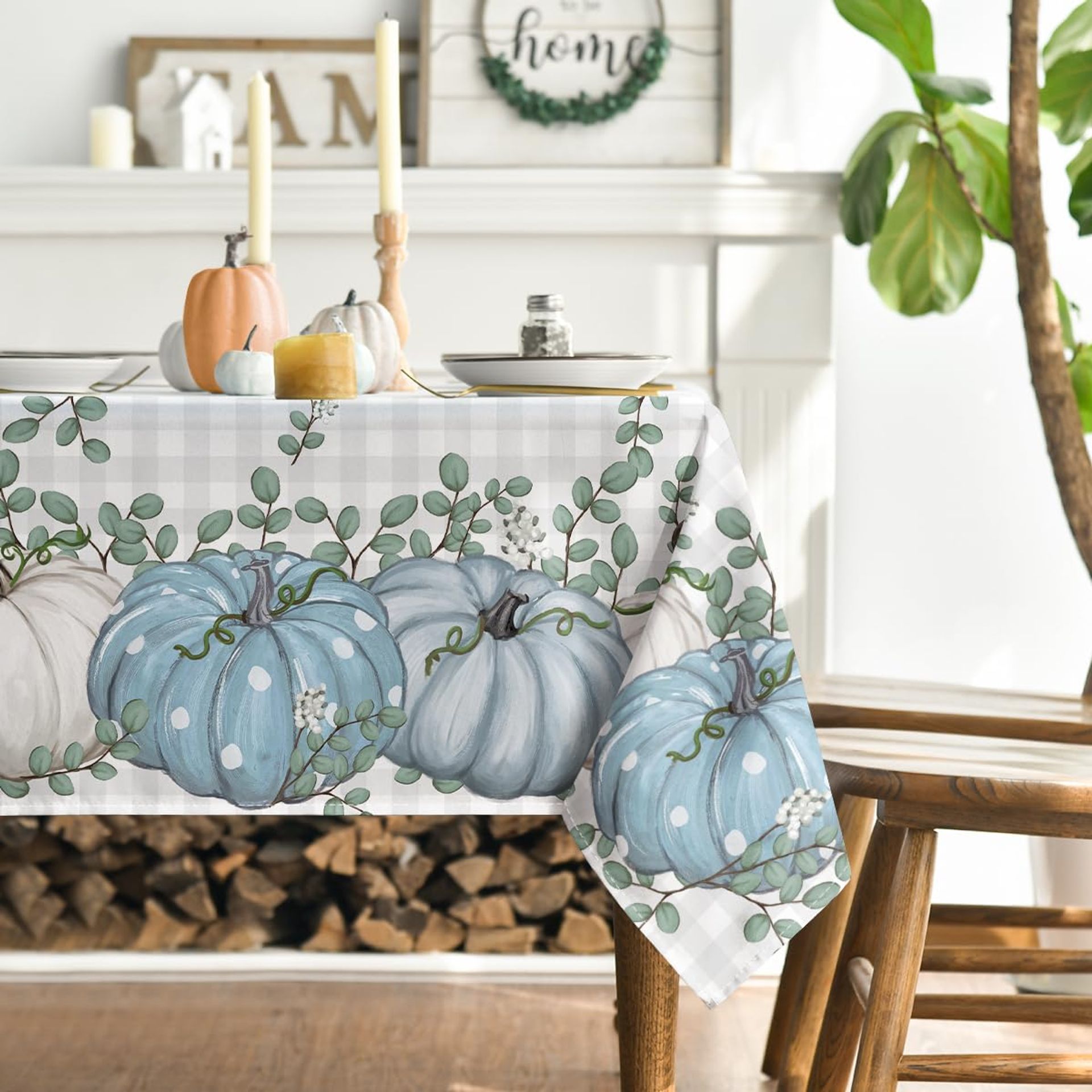 Buffalo Plaid Blue Pumpkins Eucalyptus Autumn Tablecloth 140x180cm - Perfect for Fall Parties