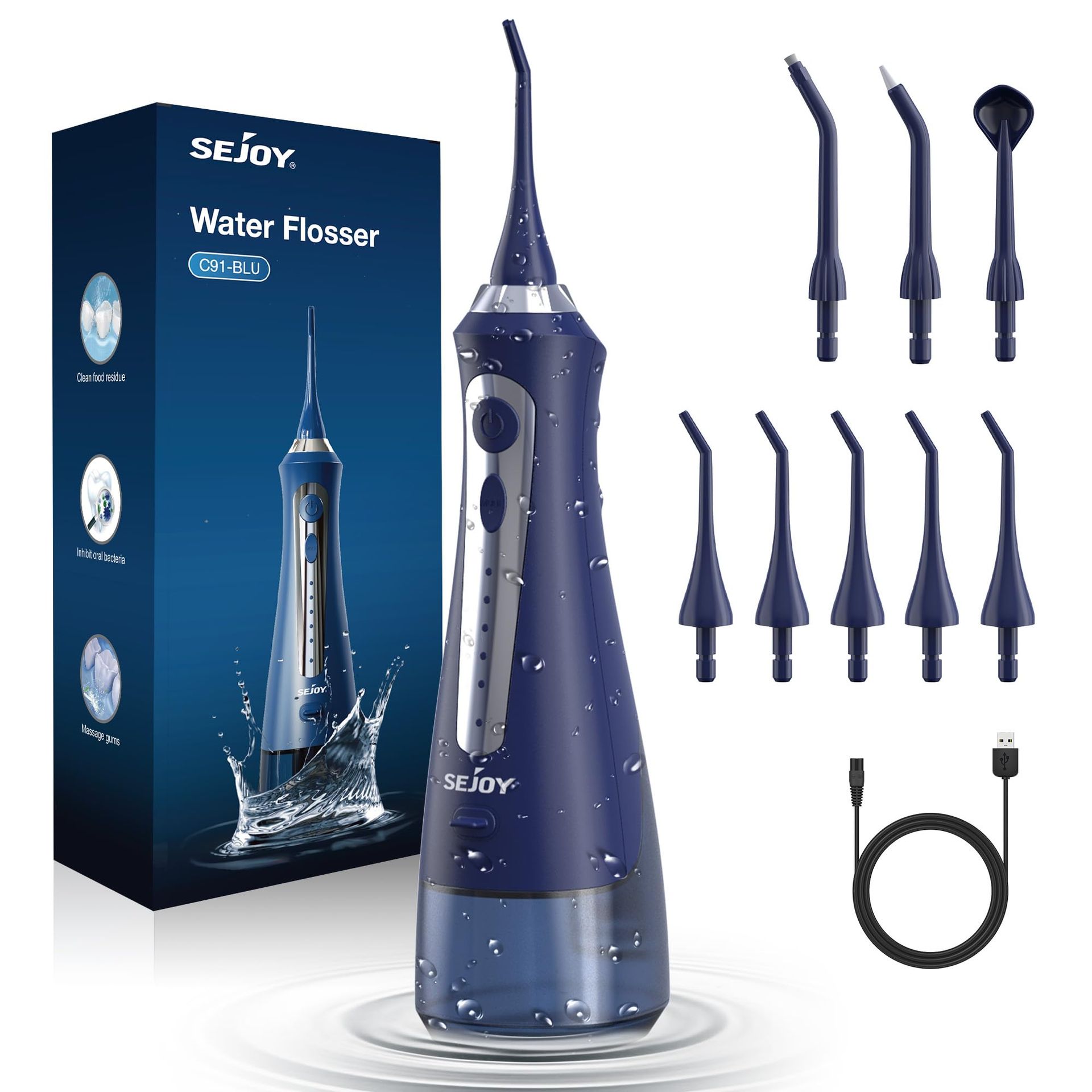 Rechargeable Cordless Water Flosser for Teeth Cleaning with 5 Modes, 8 Jet Tips, 230ml Tank, IPX7 Waterproof Design - Blue C91