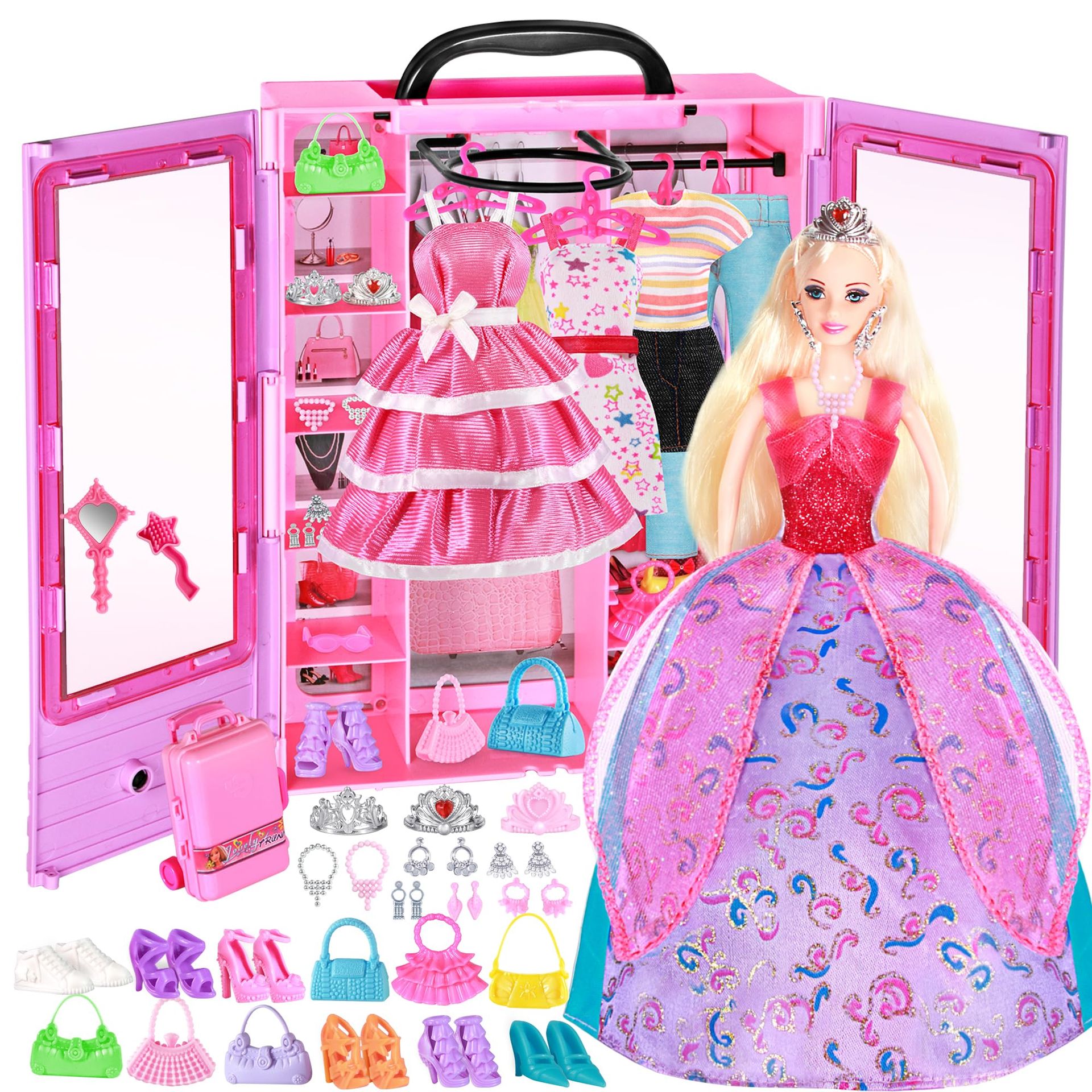 Big Doll Wardrobe Closet Playset with 50+ Clothes, Shoes & Accessories for Girls Age 3-12