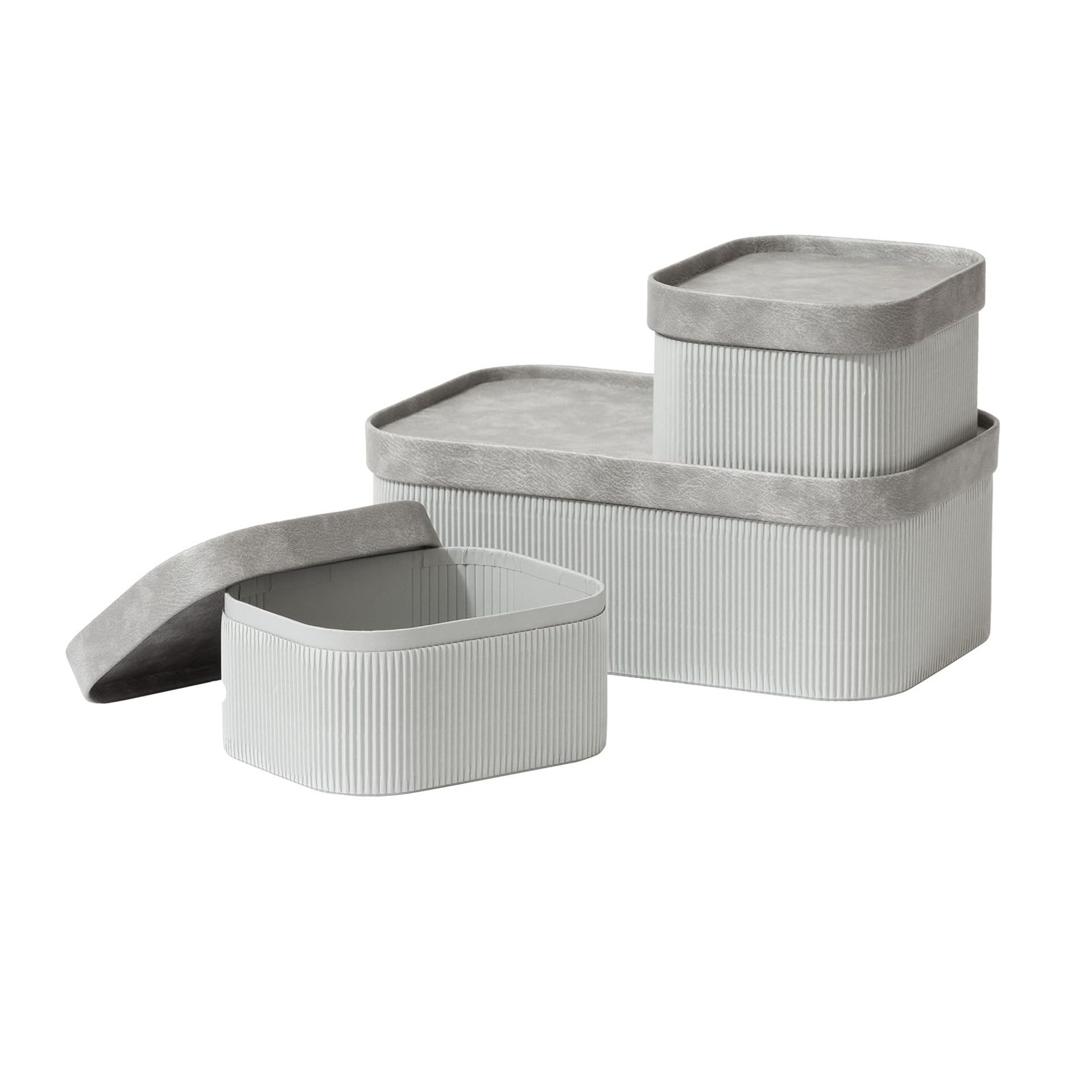 Fluted Cardboard Storage Baskets with Leather-Like Lids Stackable Decorative Boxes - Storm Grey Set of 3
