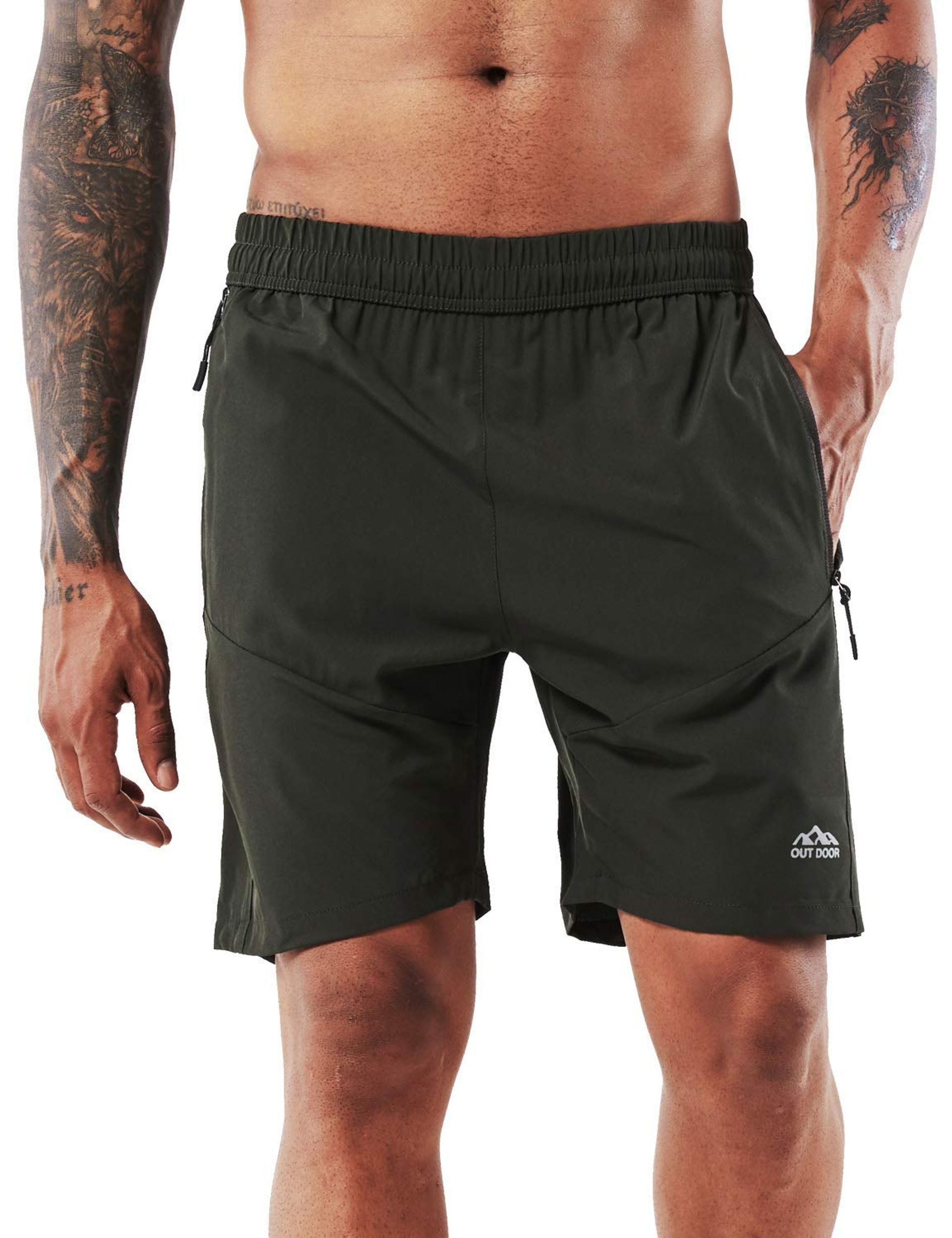 Men's Running Workout Shorts Quick-Drying Breathable Training Fitness Gym with Zip Pockets - Green XL