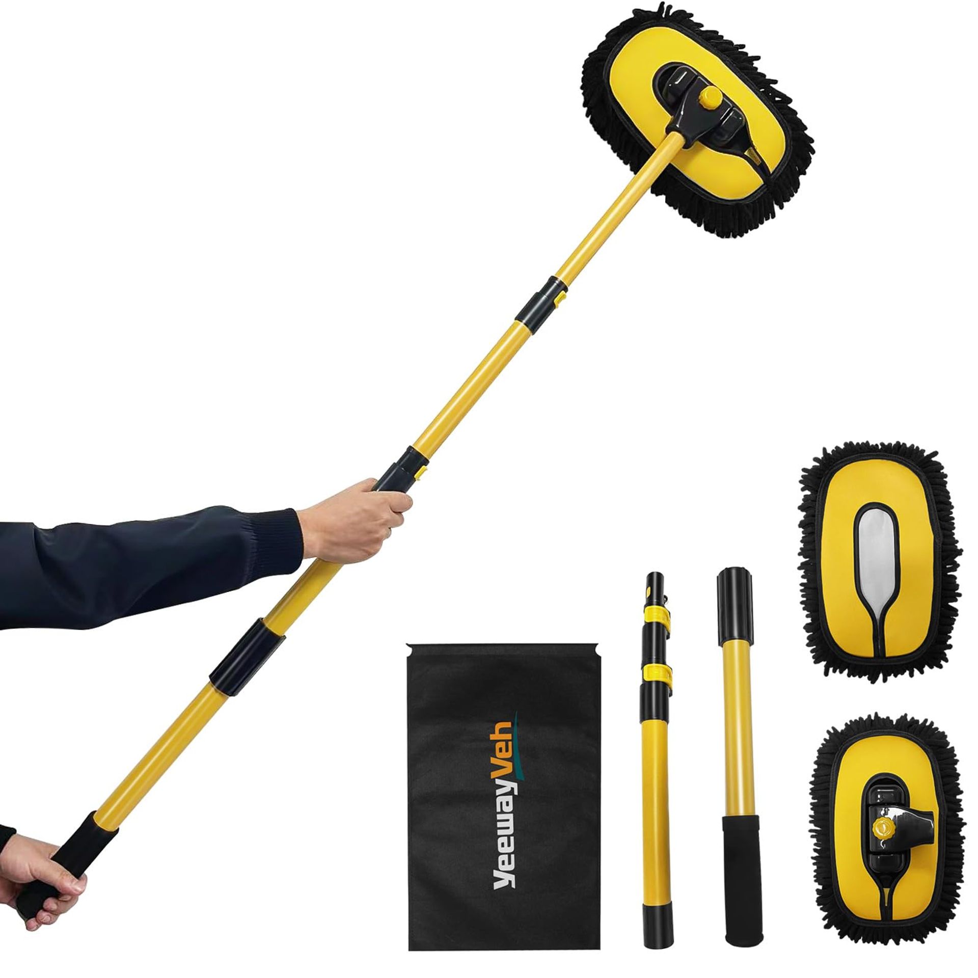 55" Extendable Car Wash Brush with Microfibre Mop Head, Portable Cleaning Kit for RV, Truck & Camper