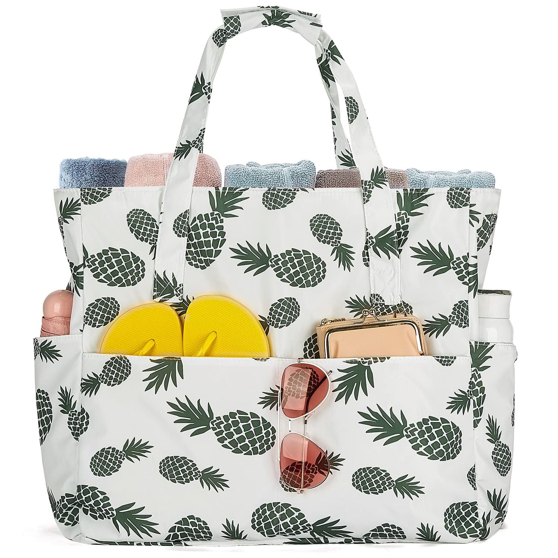 Large Waterproof Beach Bag Lightweight Foldable Travel Tote with Zipper Pockets for Swimming, Holidays & Outdoor Use - Pineapple One Size