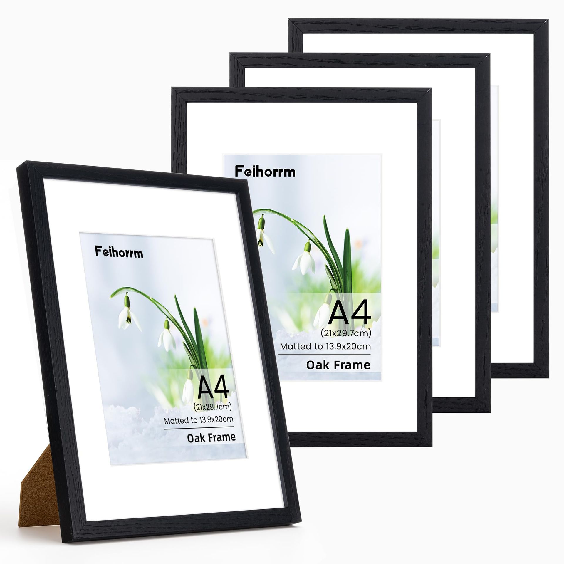 A4 Picture Frame Set of 4 Solid Oak Wood with Tempered Glass for Wall or Table Display - Black A4(21x30 cm)-4P - Valentines