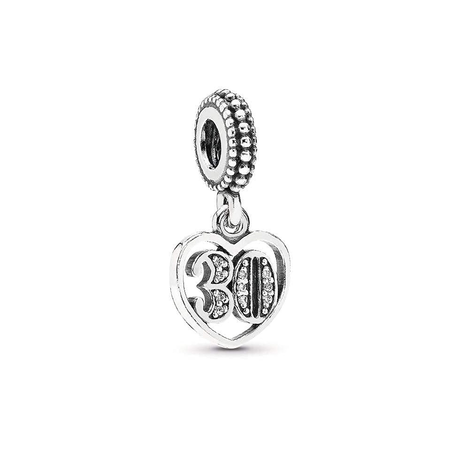 Charm Bead Pendant Lucky Number 30 Heart Design Fits Pandora Moments Bracelets Sterling Silver Gift for Women - Silver Black