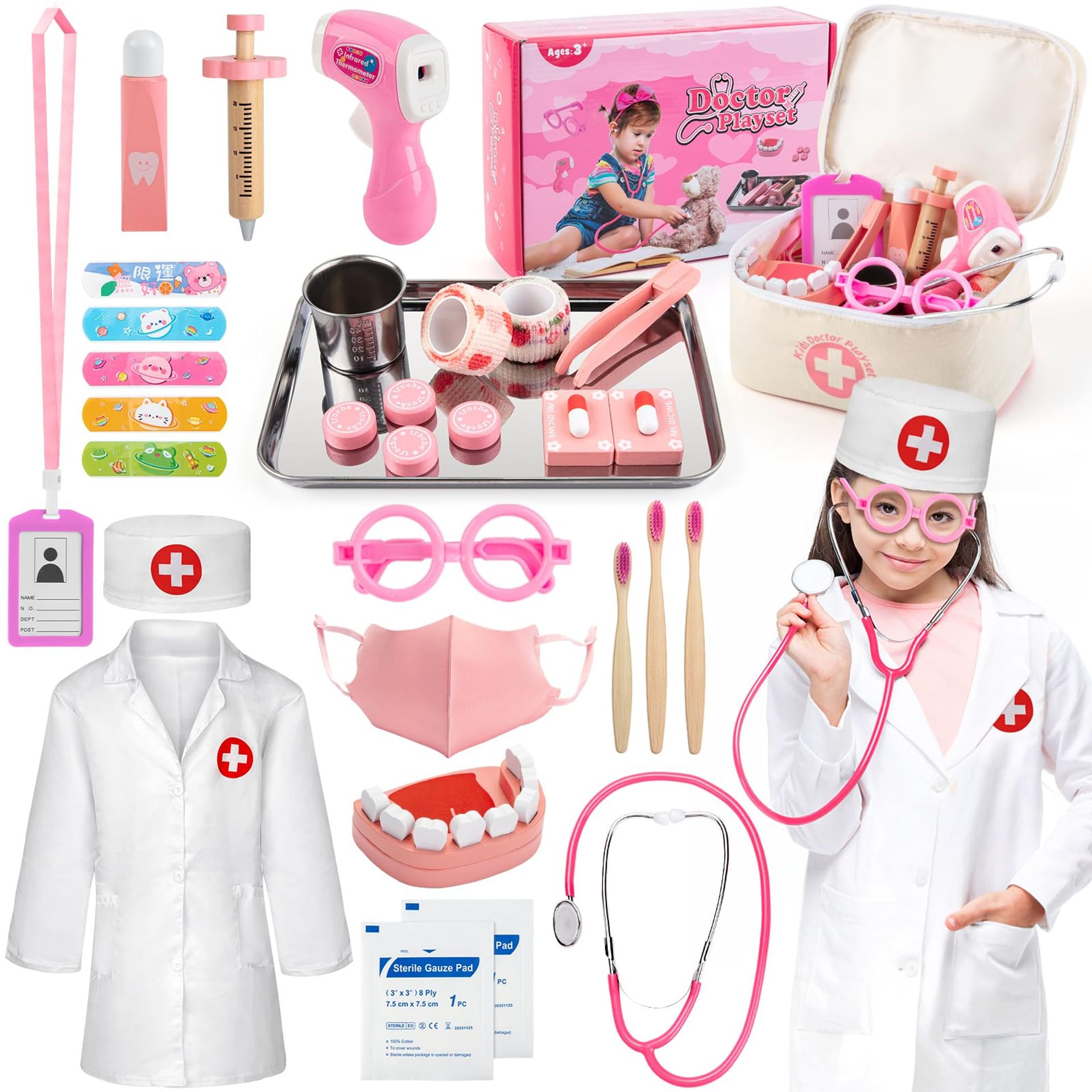 Kids Wooden Doctors Play Set 32pcs Dentist Tool Kit with Roleplay Costume & Stethoscope - Multicolour Small