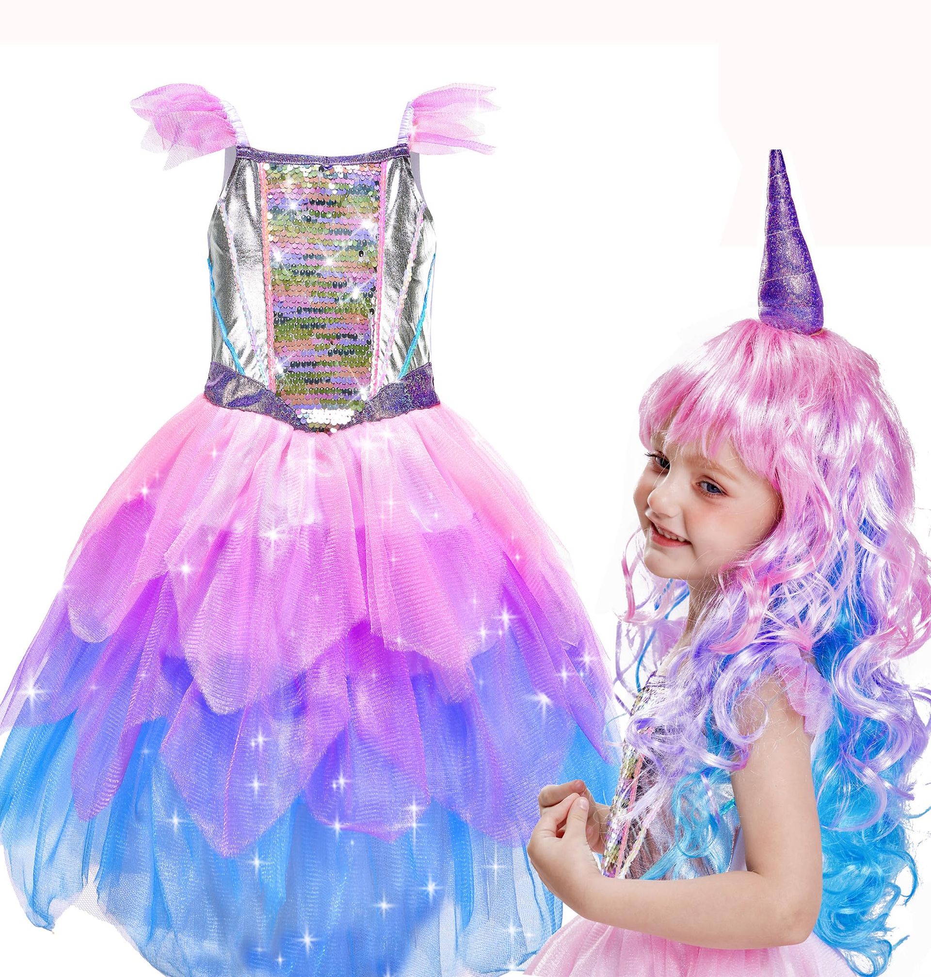 Girls Unicorn Fancy Dress Costume with Sequins Dress and Wig for Parties, Birthdays and World Book Day - Unicornwig 4-6 Years