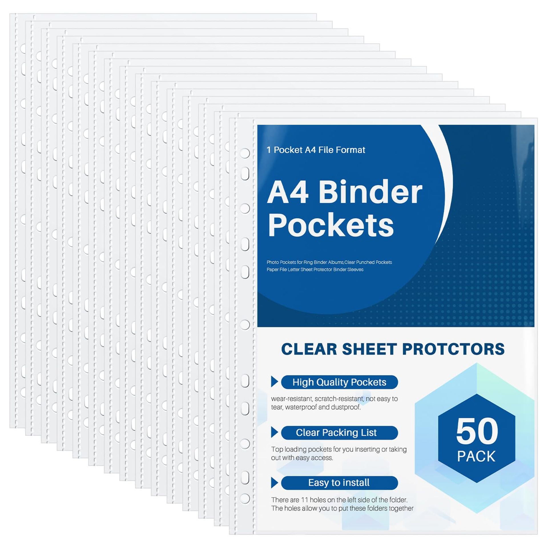 Clear A4 Sheet Protector Sleeves, Double-Sided Pockets, 50 Pack - Holds 100 Sheets