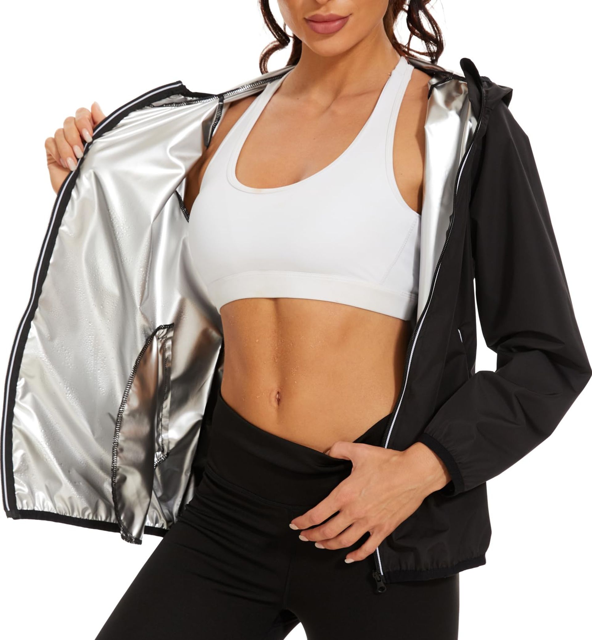 Women's Sauna Suit Jacket with Long Sleeves, Zipper & Hood – Sweat Enhancing Fitness Wear for Gym, Running & Training