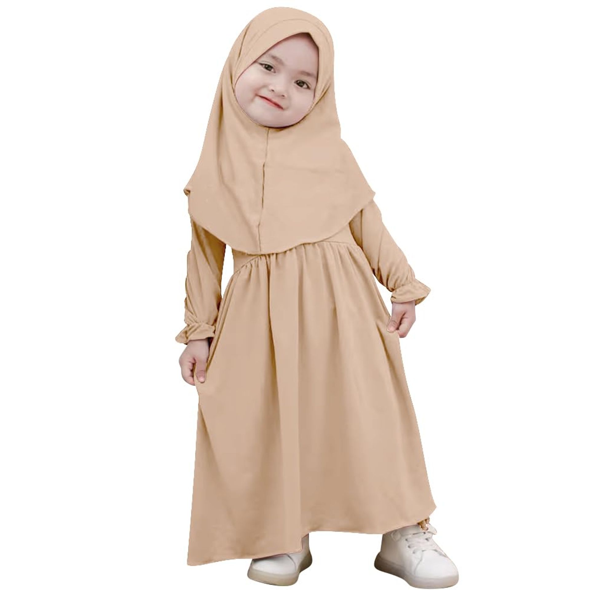 Baby Girls Islamic Prayer Dress with Hijab – Modest Long Sleeve Abaya Kaftan for Ramadan, Eid, Special Occasions – Apricot 1-2 Years