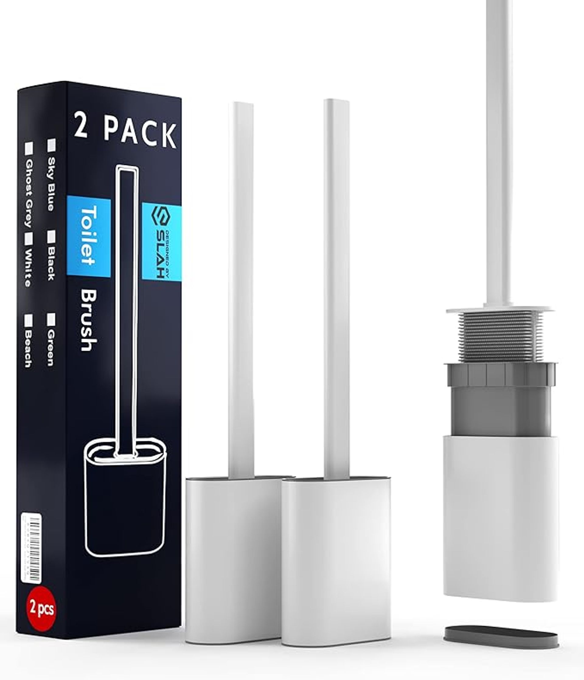 Silicone Toilet Brush Set with Non-Slip Handle & Dripless Base - 2 Pack (White) for Easy Cleaning