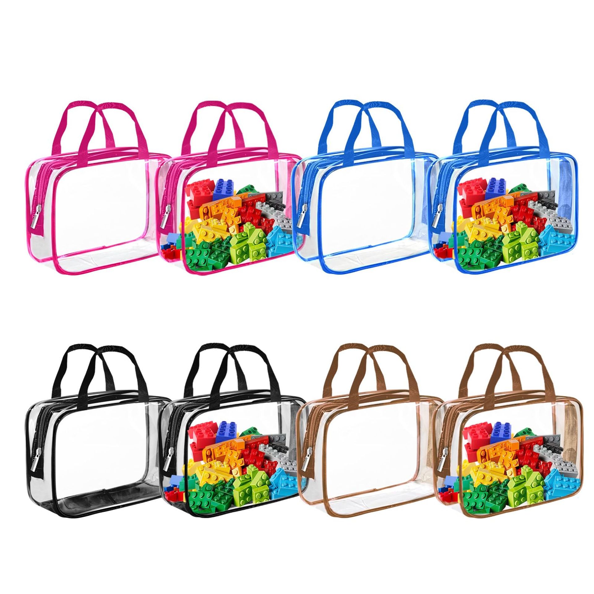 8-Pack Transparent PVC Toy Storage & Toiletry Bags Waterproof Organiser with Handles for Kids Puzzles & Building Blocks - Colourful S