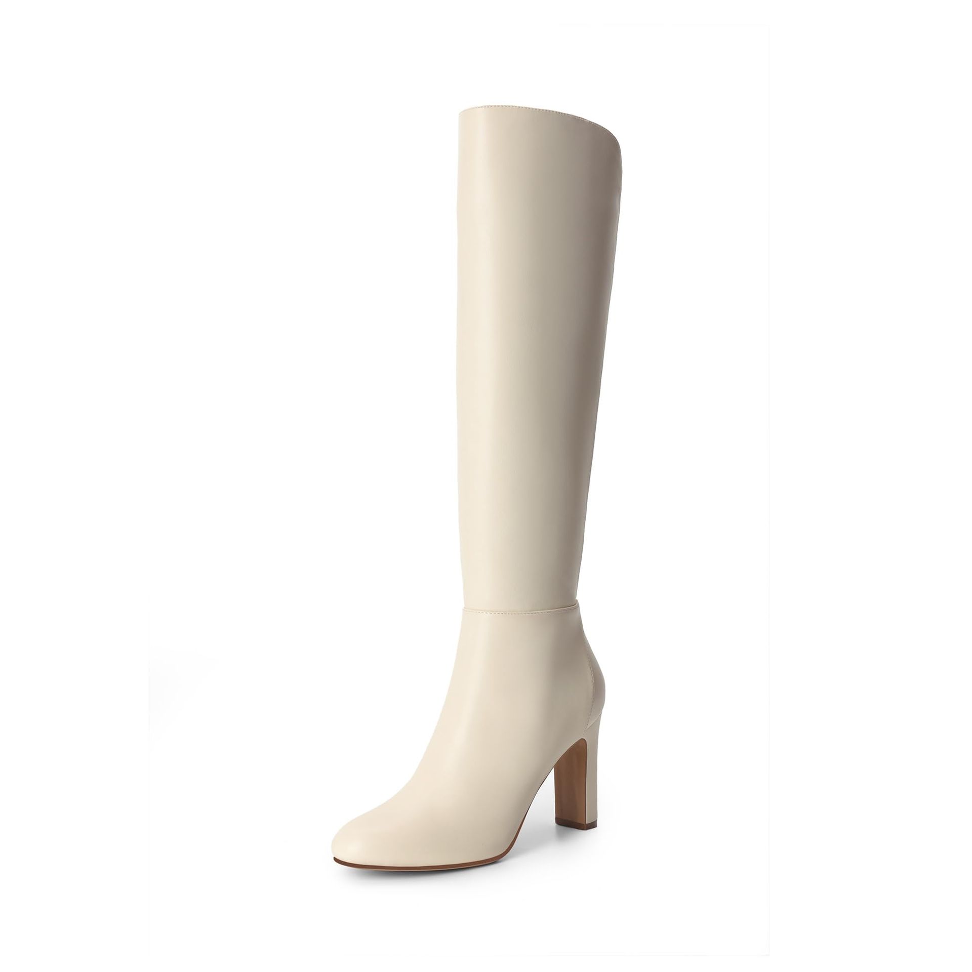 Women's Knee-High Boots with Chunky Block Heel, Pointed Toe & Side Zip - Beige Size 8
