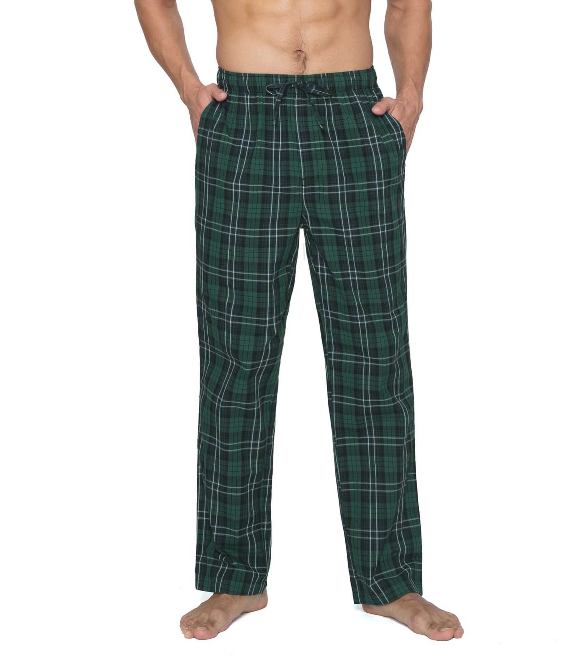 Men's Pyjama Lounge Trousers 100% Woven Cotton Soft Plaid Nightwear - Dark Green + Navy Plaid XXL