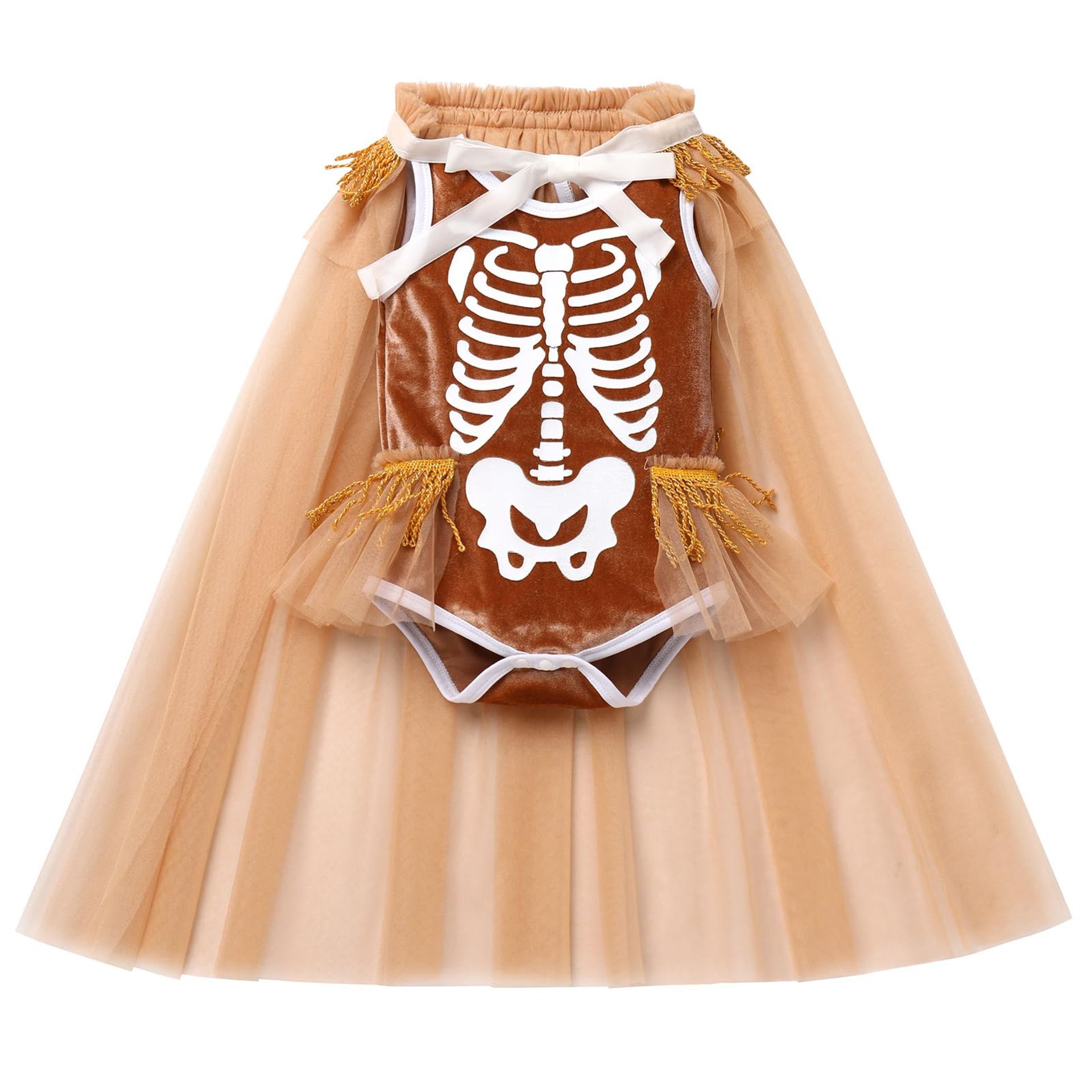 Infant Baby Girls Skeleton Skull Costume with Tutu Tulle Cloak Fancy Dress Up Romper Set - Brown 3-4 Years