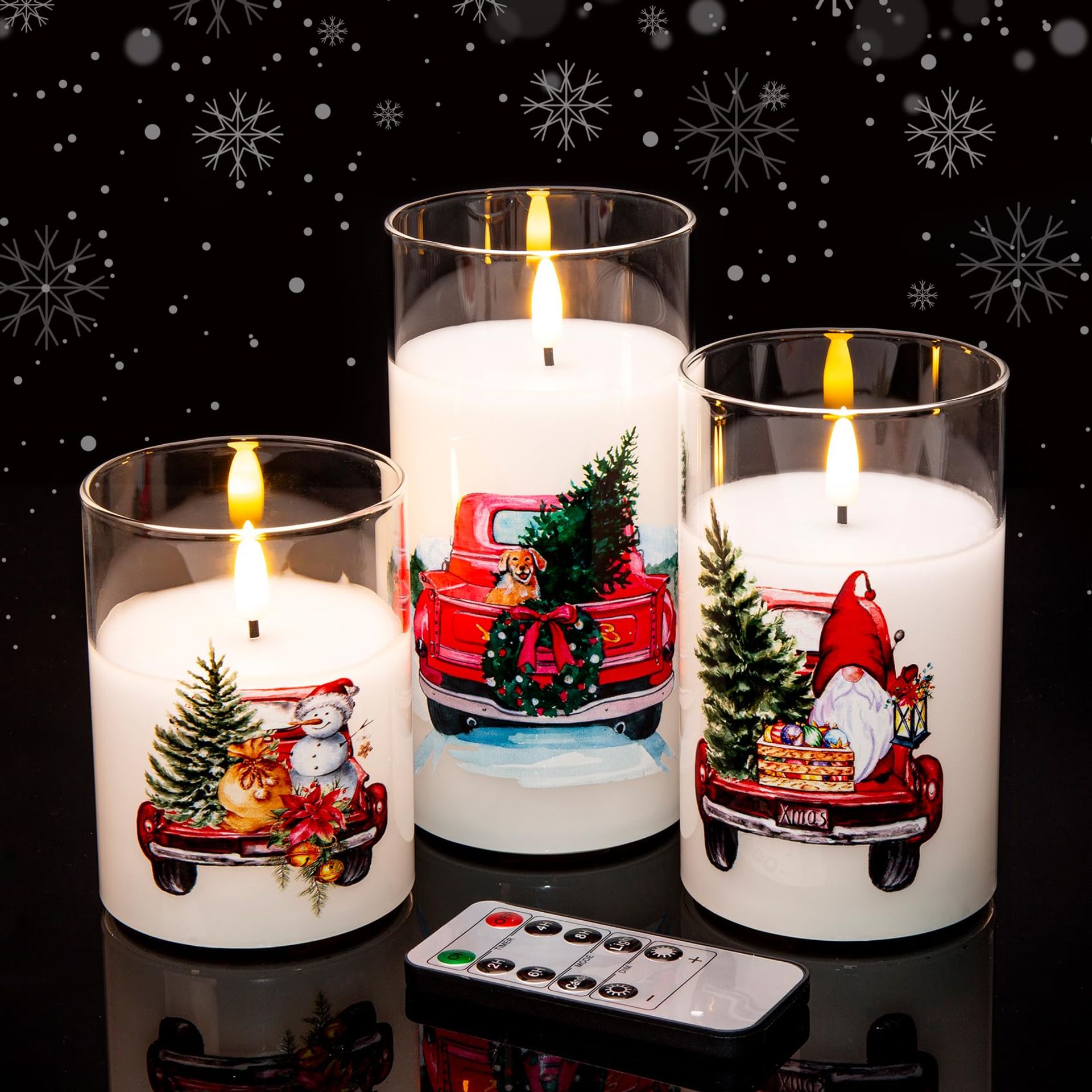 Flameless LED Pillar Candles with Remote Control Red Truck Design for Christmas Décor - Red Truck Style