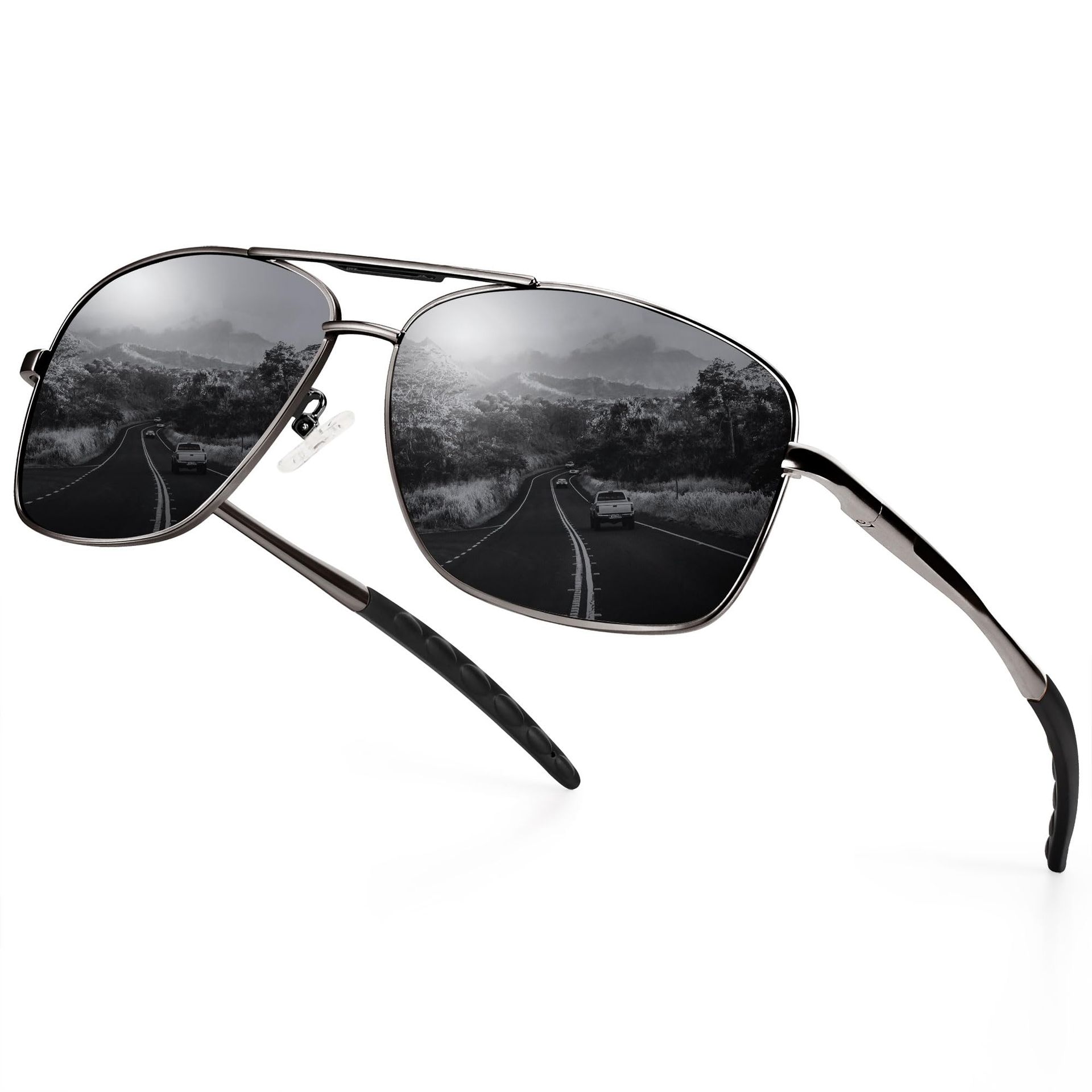 Polarised Pilot Sunglasses Unisex UV400 Protection Metal Frame Vintage Style - Gun Frame/Grey Lens L