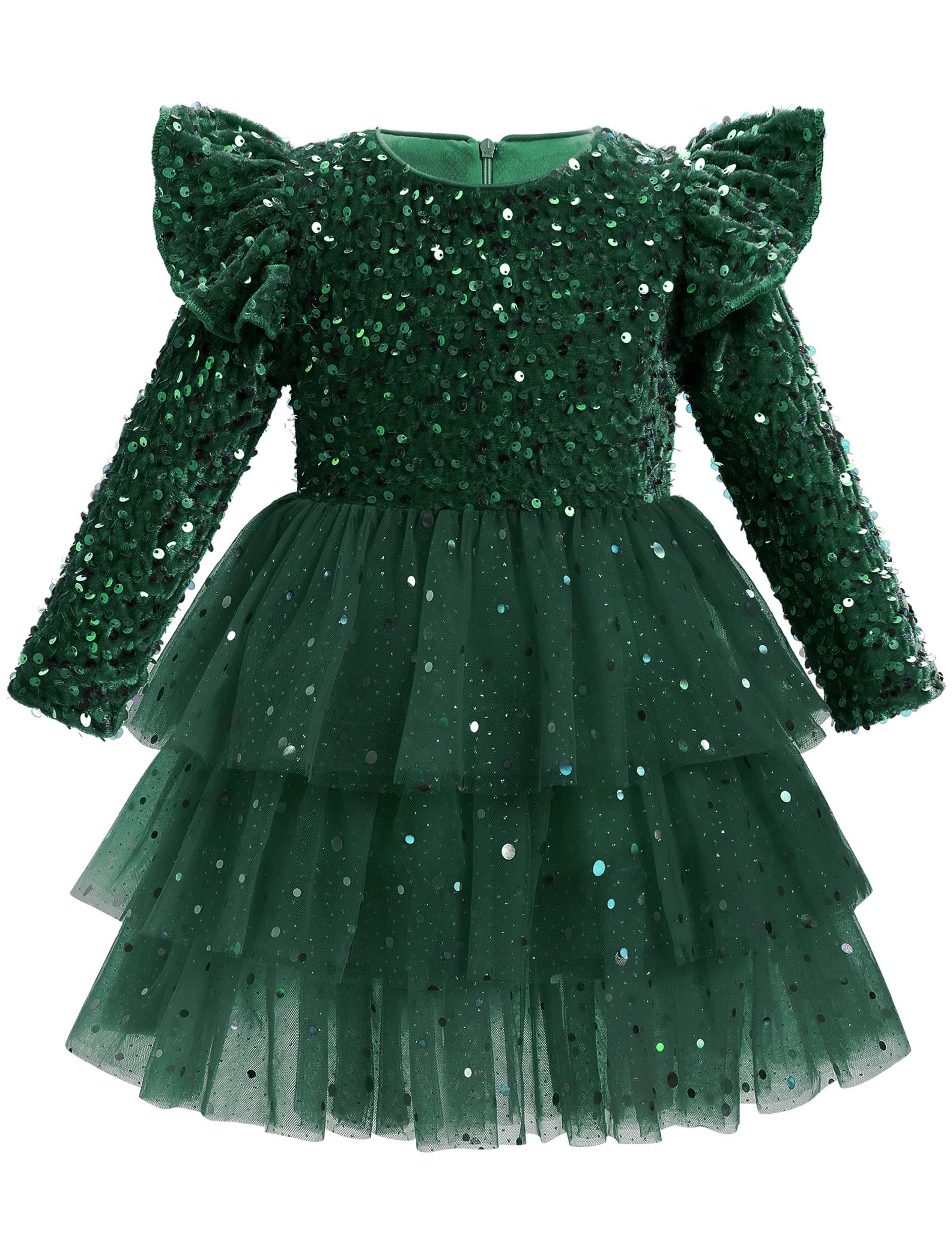 Infant Girls Christmas Velvet Princess Dress Sequins Ruffle Glitter Tulle Long Sleeve Party Outfit - Green 9-12 Months