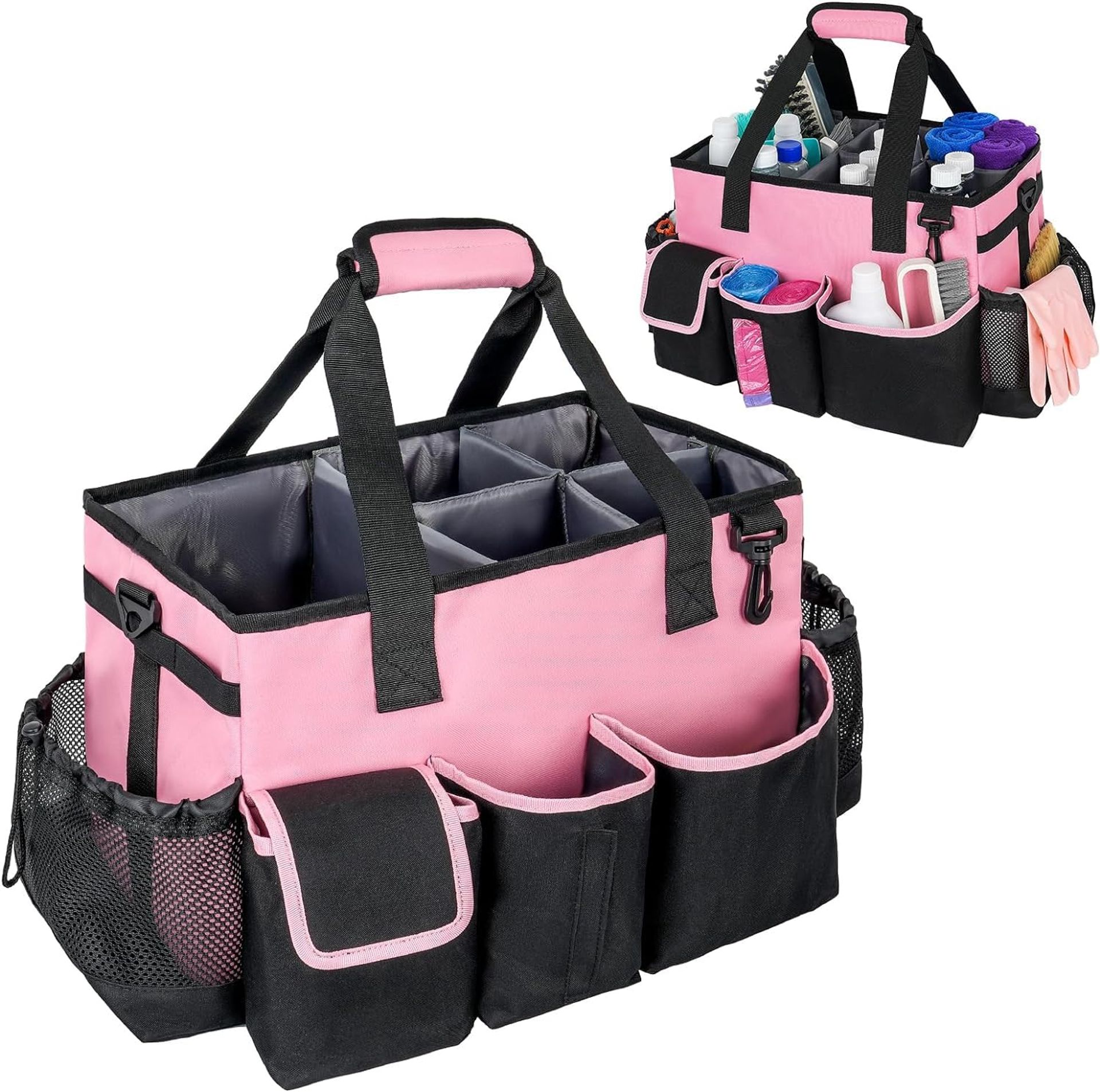Large Cleaning Caddy Organiser with Handle Detachable Dividers Adjustable Straps for Home Car Garden - Pink L