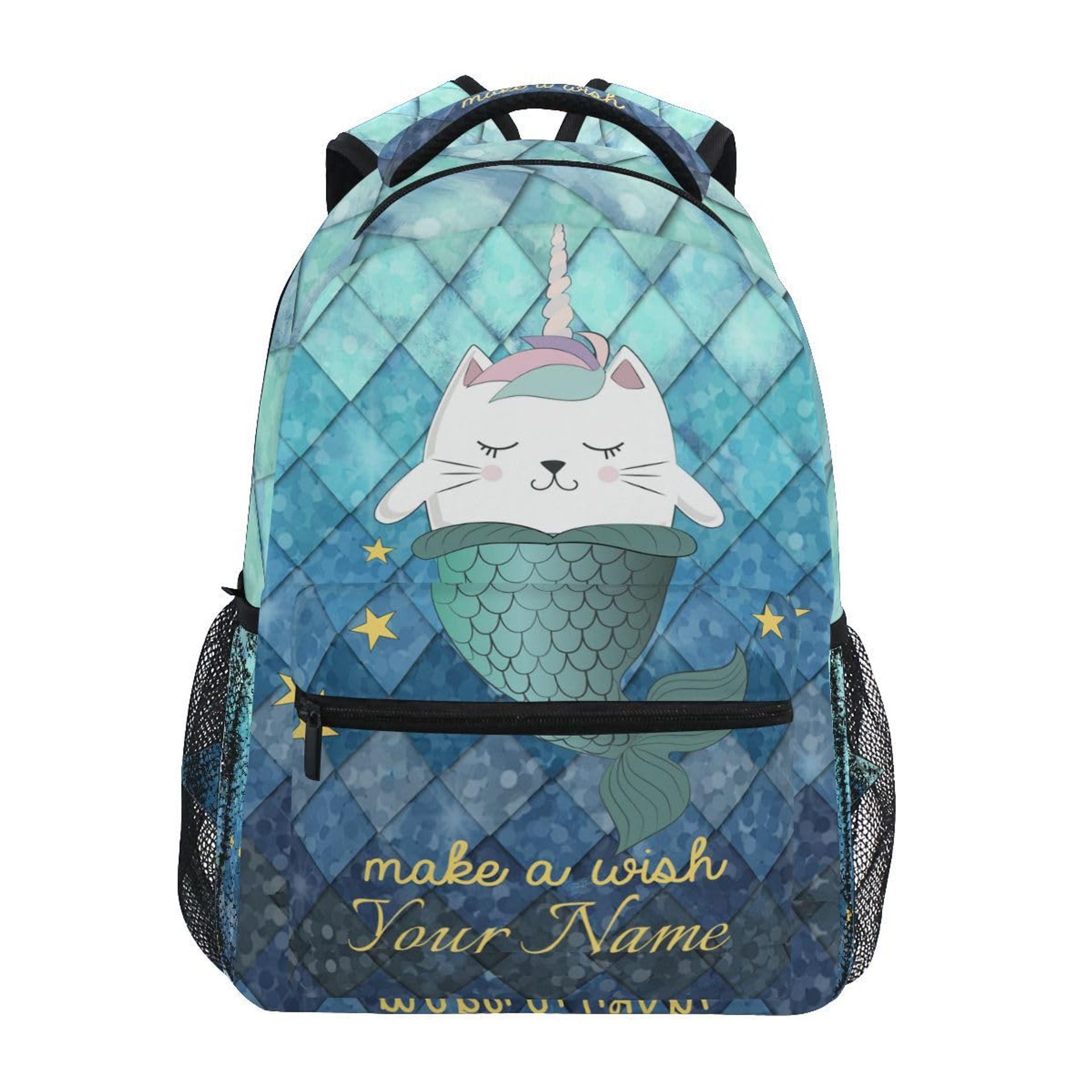 Teal Blue Unicorn Cat School Backpack for Girls - Fashionable Mermaid Scales Kids Bookbag