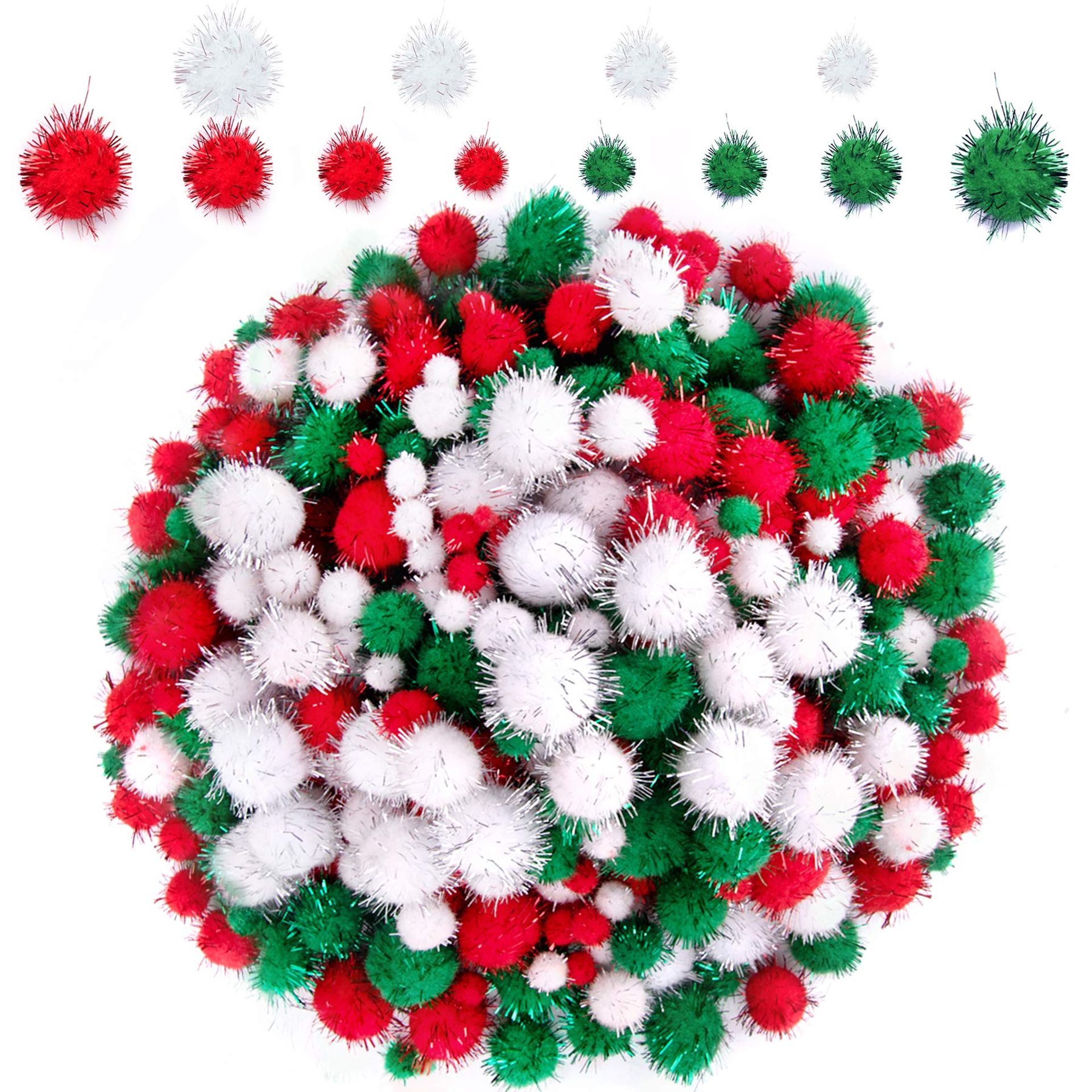 1200-Piece Christmas Glitter Pom Pom Set - Red, Green & White, 4 Sizes for Crafts & Decor