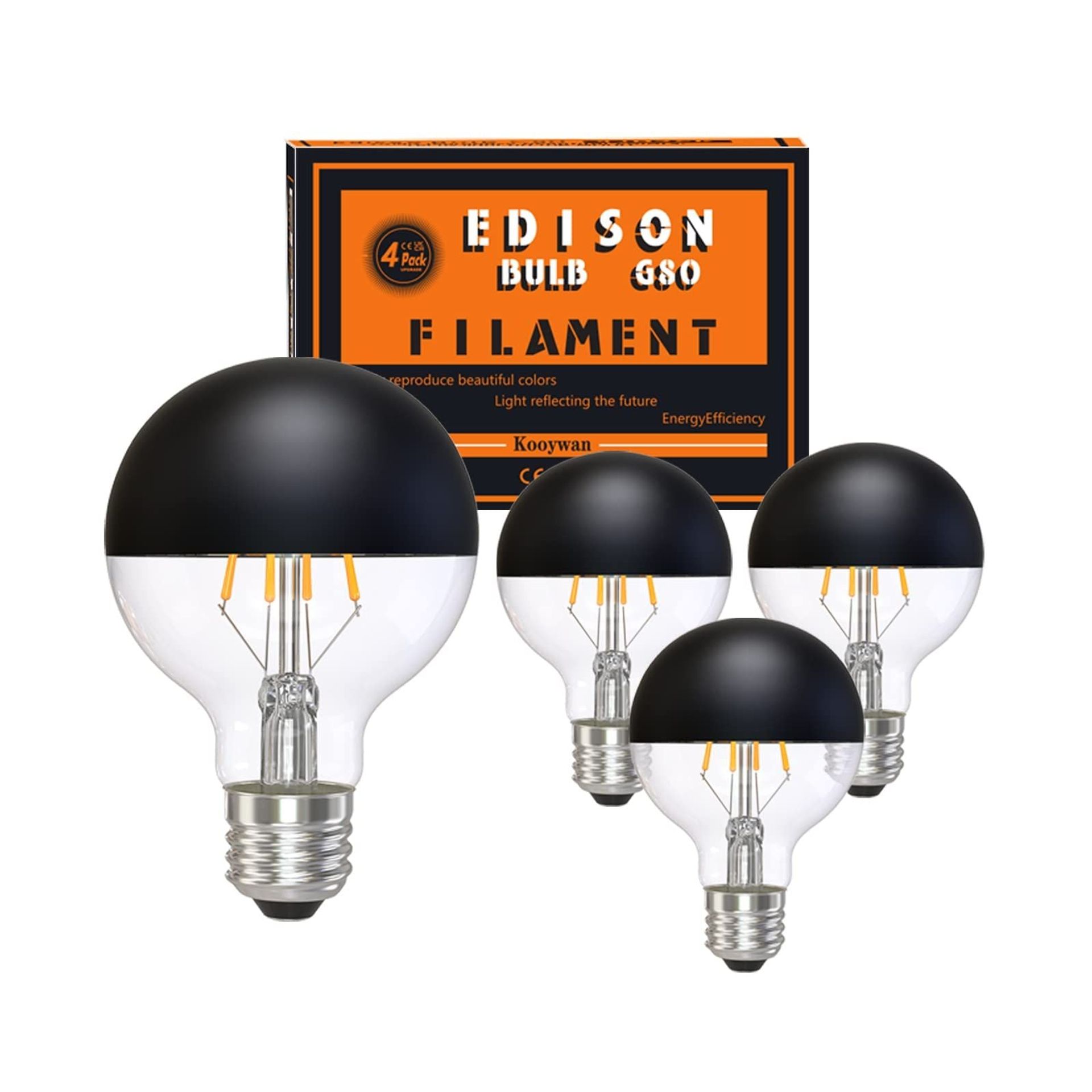 KOOYWAN Black Crown LED Light Bulb Vintage E27 2700K Warm White Half Chrome Crown Mirror G80/G25 Globe Shape Dimmable Decorative Edison LED Bulb 6W Pack of 4
