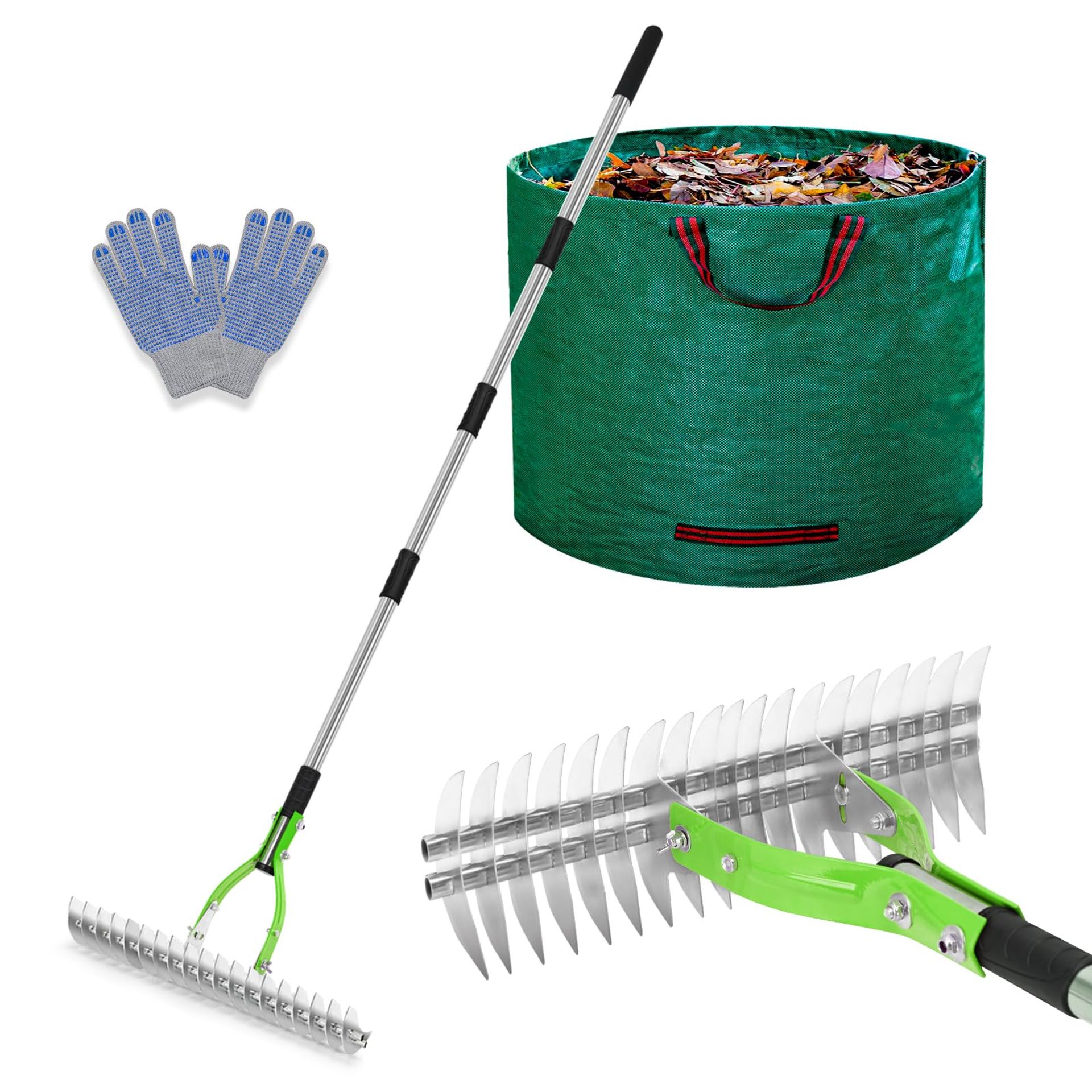 Garden Rake 15-Inch Lawn Thatching Tool with Gloves and 19-Gallon Leaf Bag - Green Adjustable Handle