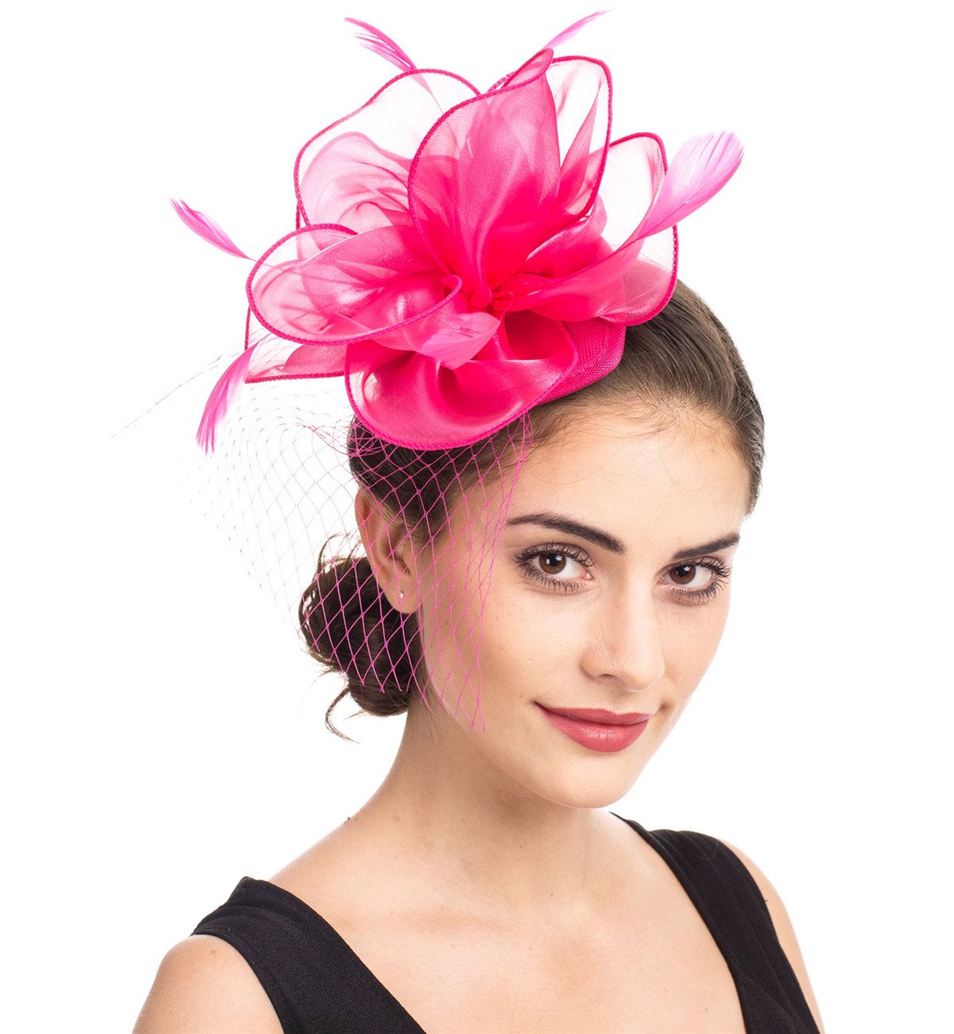 Fuchsia Mesh Floral Fascinator Headband for Women Crinoline-Mesh-Fuchsia-Pink-  main image 4