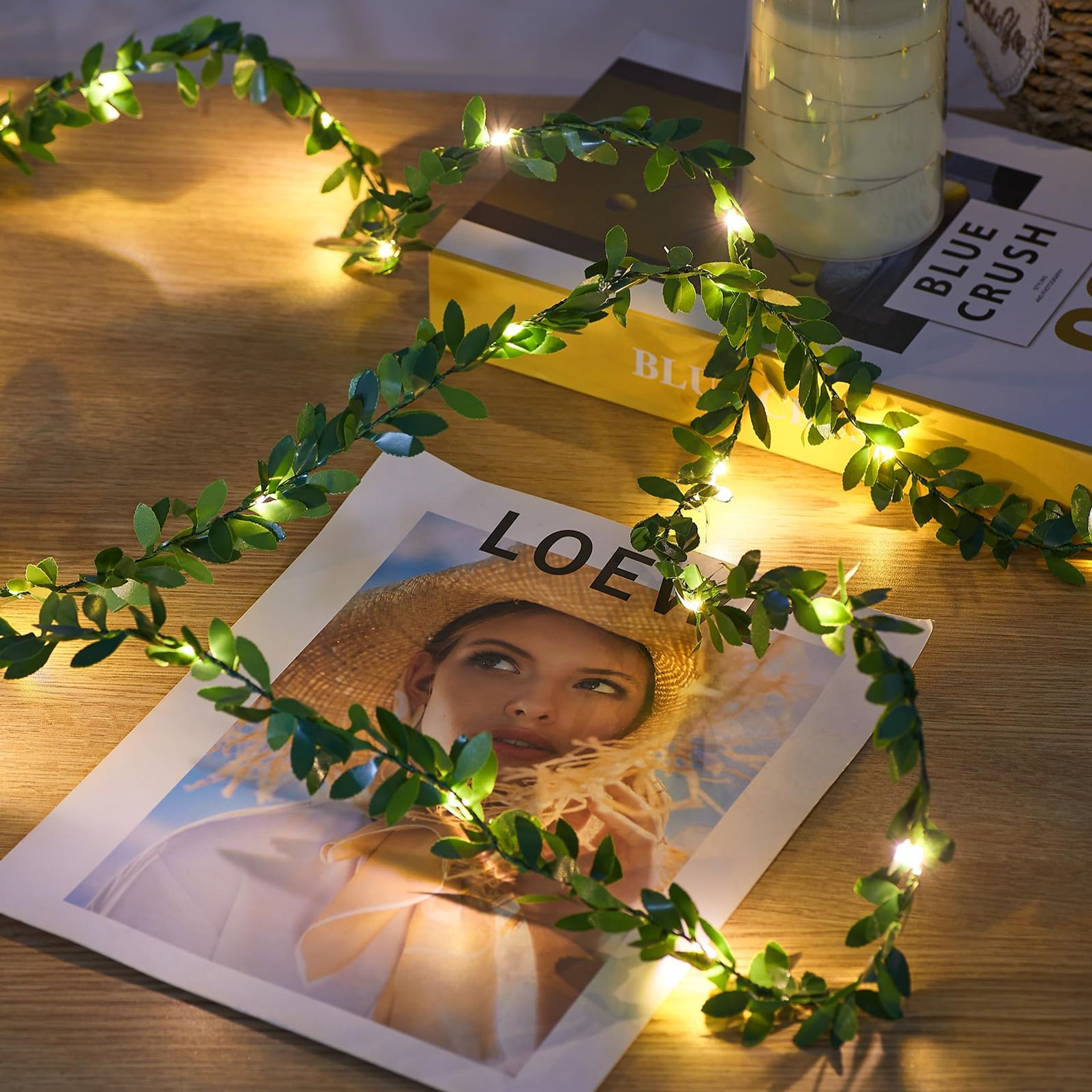 Artificial Vine LED Fairy Lights Battery Operated with Timer & Twinkle 5m Indoor Garland Decoration - Warm White & Green Leaf 2 Pack