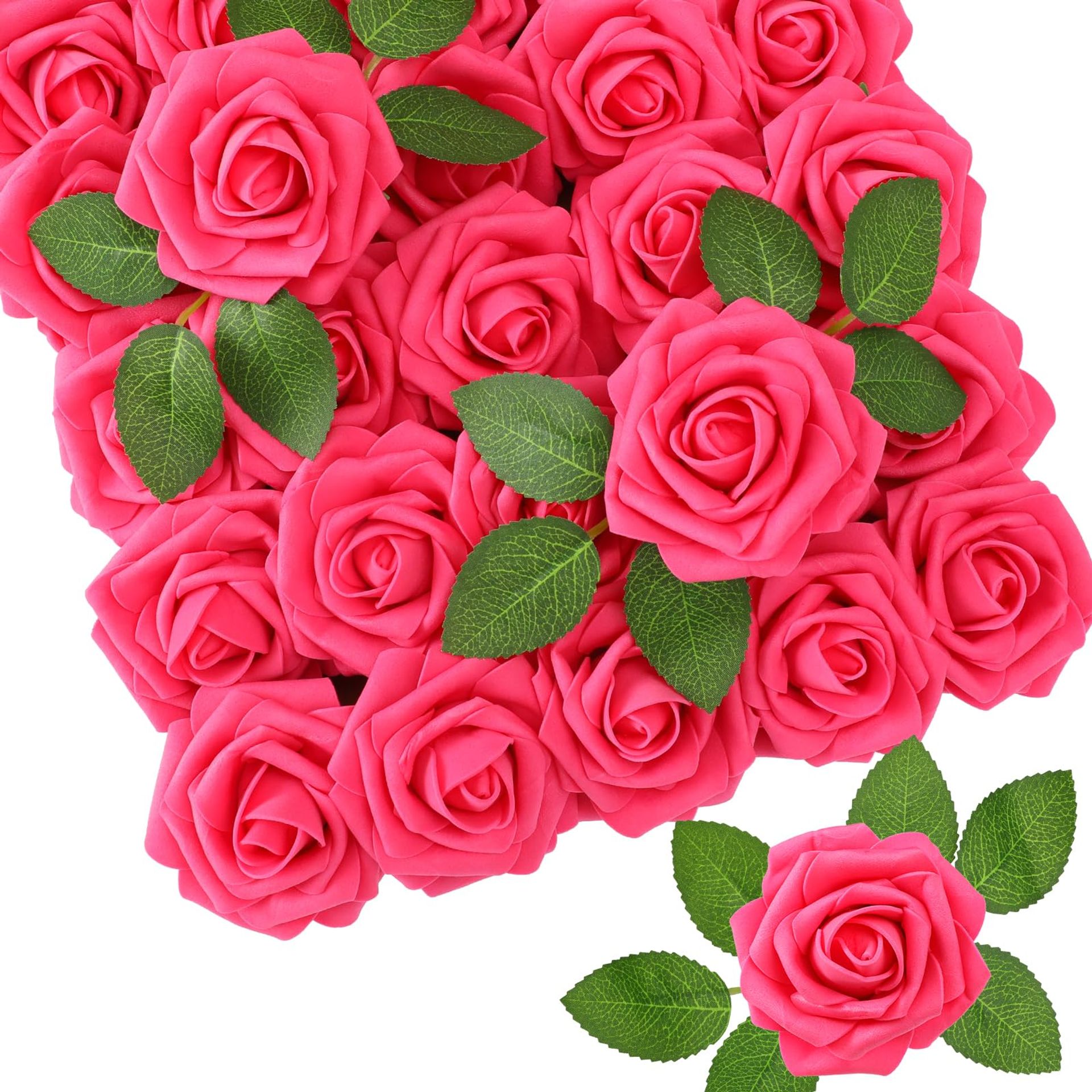 50pcs Artificial Rose Flowers Real Touch Foam with Stems & Leaves for Wedding Bouquets, DIY Arrangements & Home Décor - Magenta One Size - Valentines