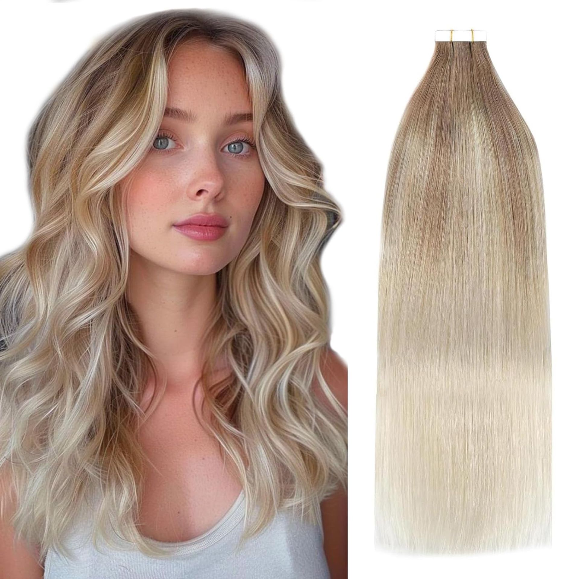 Tape in Human Hair Extensions Invisible Seamless Remy Skin Weft 20pcs Reusable - Bayalage Chocolate Brown Mixed Honey Brown to Blonde 20 Inch