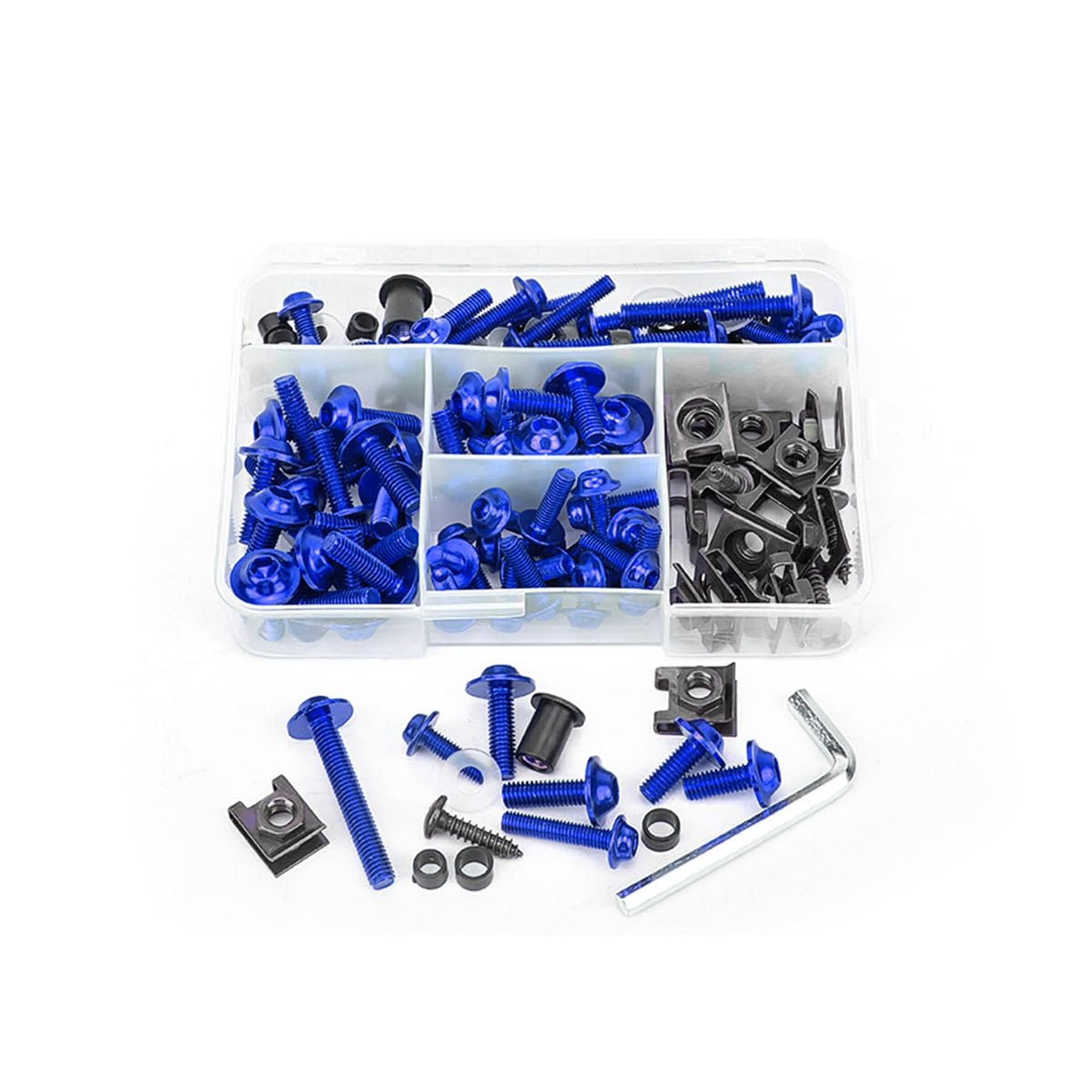 195Pcs Motorcycle Fairing Bolts & Screws Kit with Fastener Clips Box - Universal Aluminium Bodywork Fixing Set (Blue)