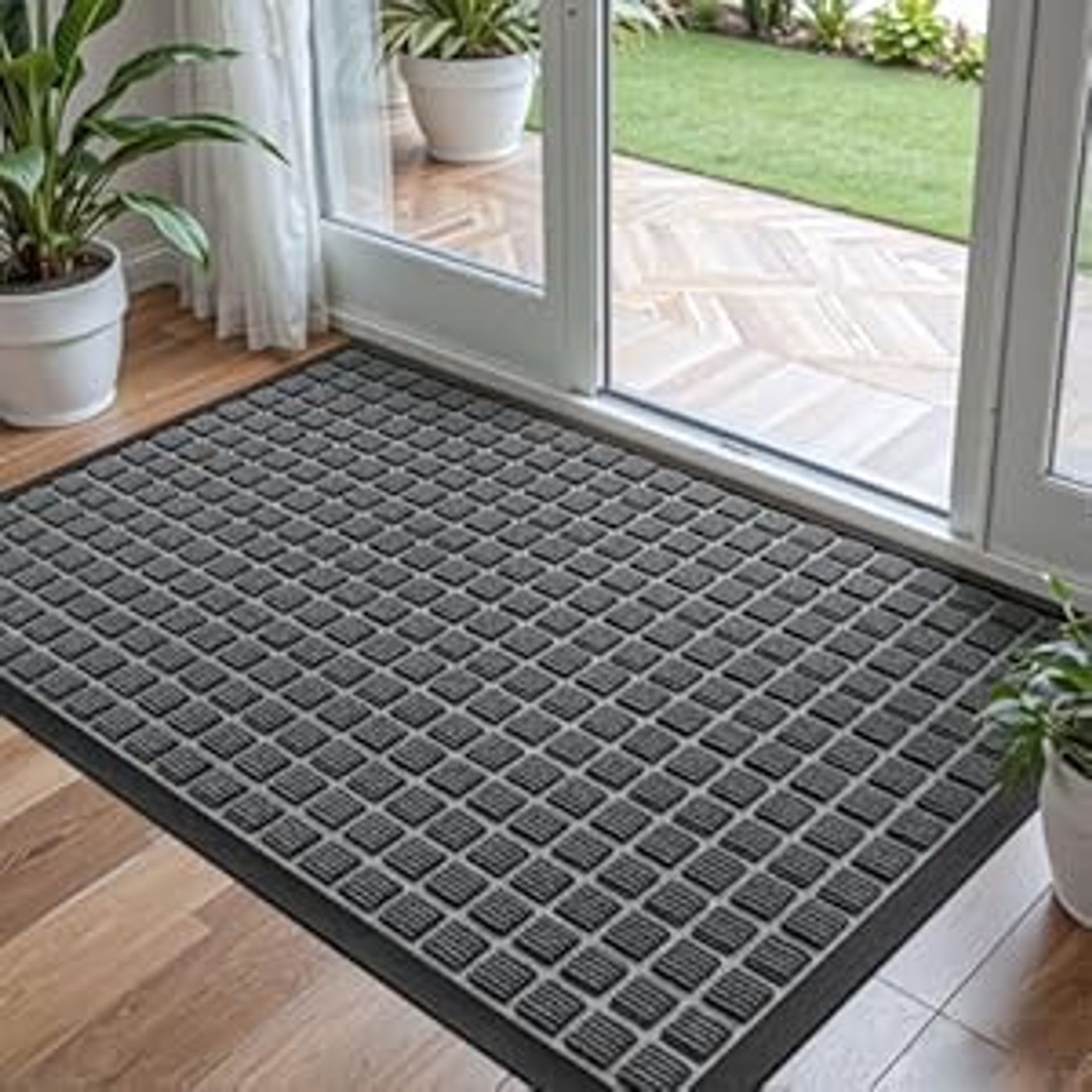 Heavy Duty Door Mat 60x90cm Grey - Non-Slip Rubber Back, Waterproof, Indoor & Outdoor Dirt Trapper Entrance Rug
