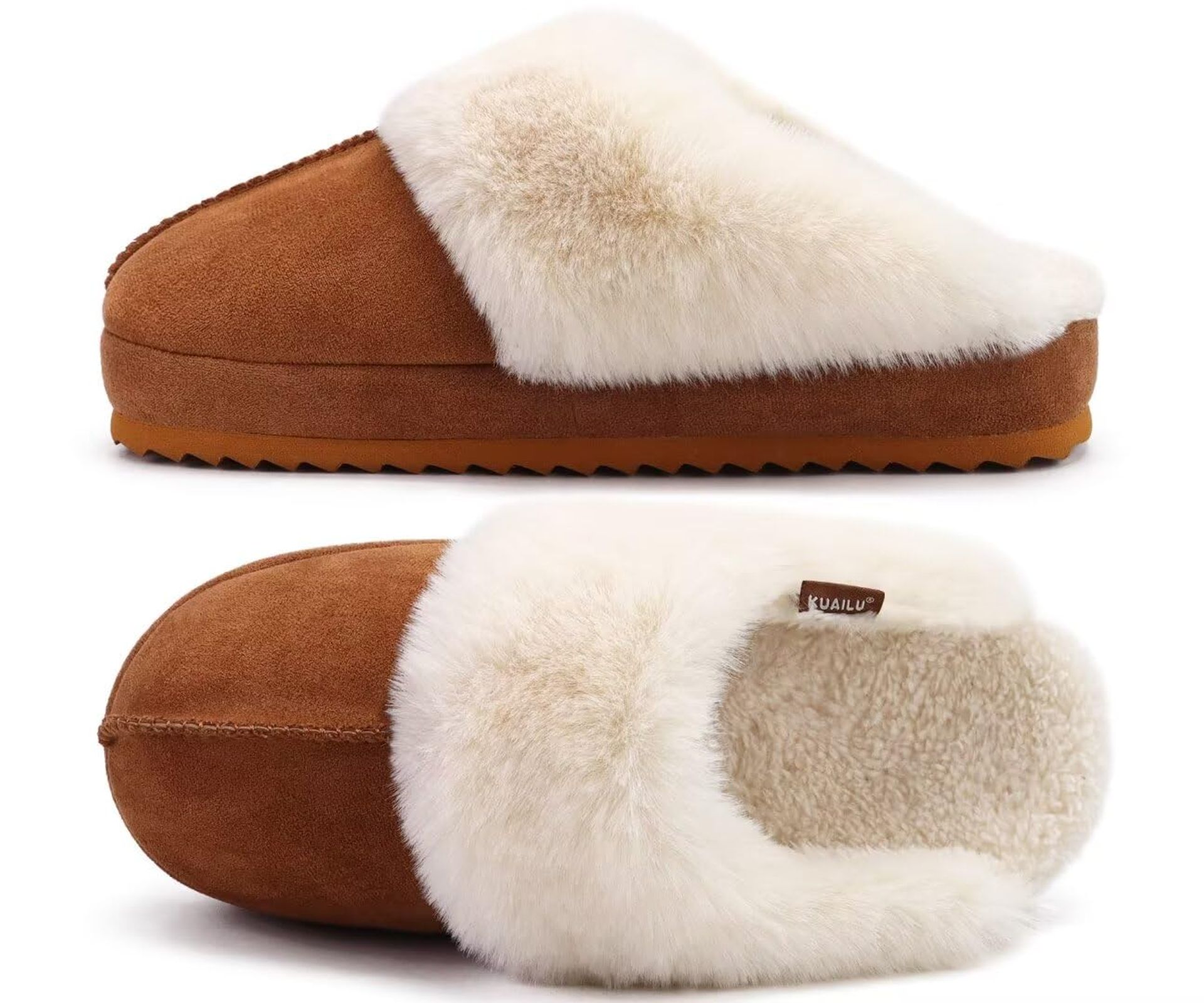 Women's House Platform Slippers Warm Faux Suede Memory Foam Cushioned Indoor Outdoor Shoes with Arch Support - Khaki UK 6