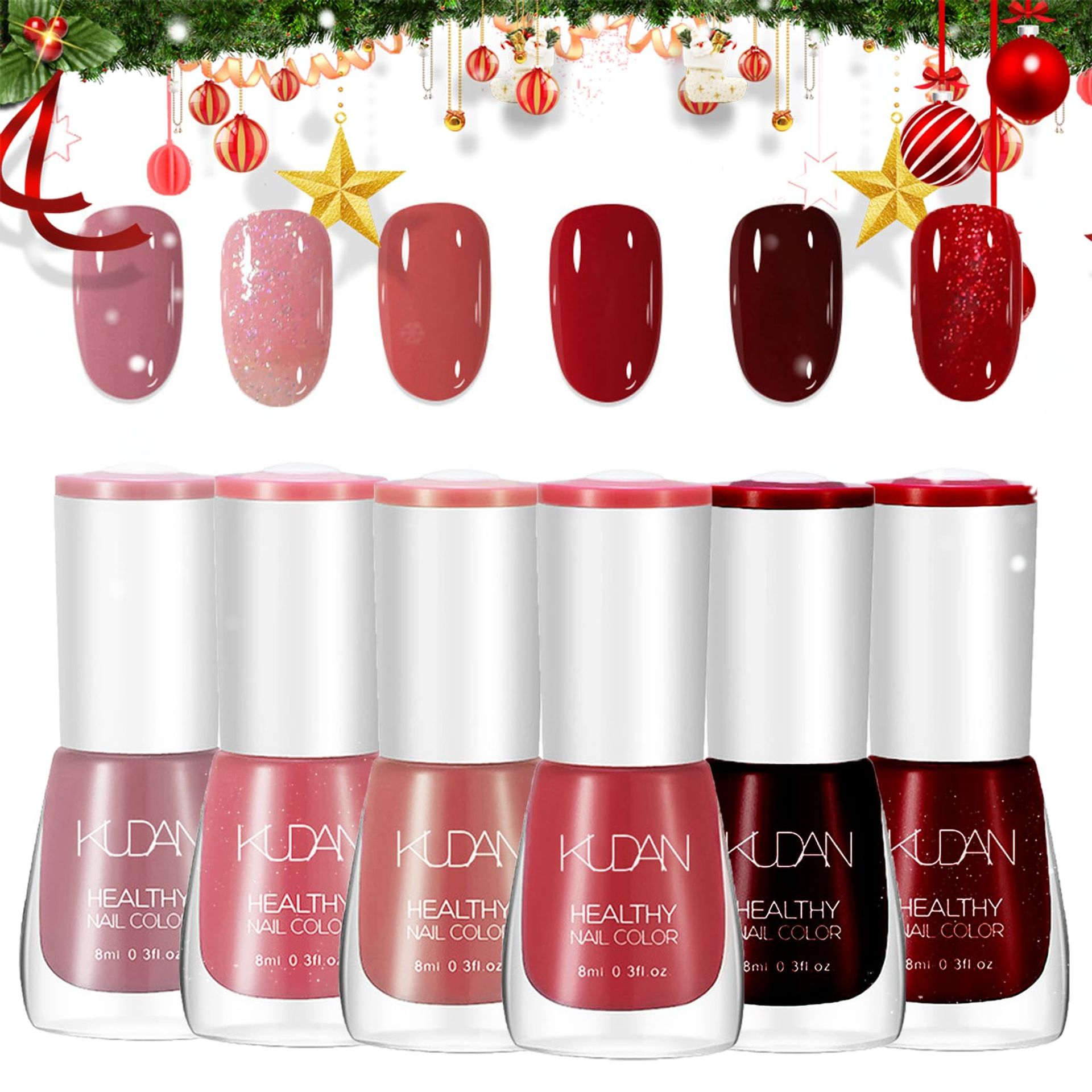 6PCS Red Nail Polish Set Nail Varnish - Quick Dry & Long Lasting Glitter Nail Varnish - Non-Toxic Water Based Holographic Nail Polish - No Need UV Nail Paint for DIY Nail Art Manicure at Home 8ML(Red)
