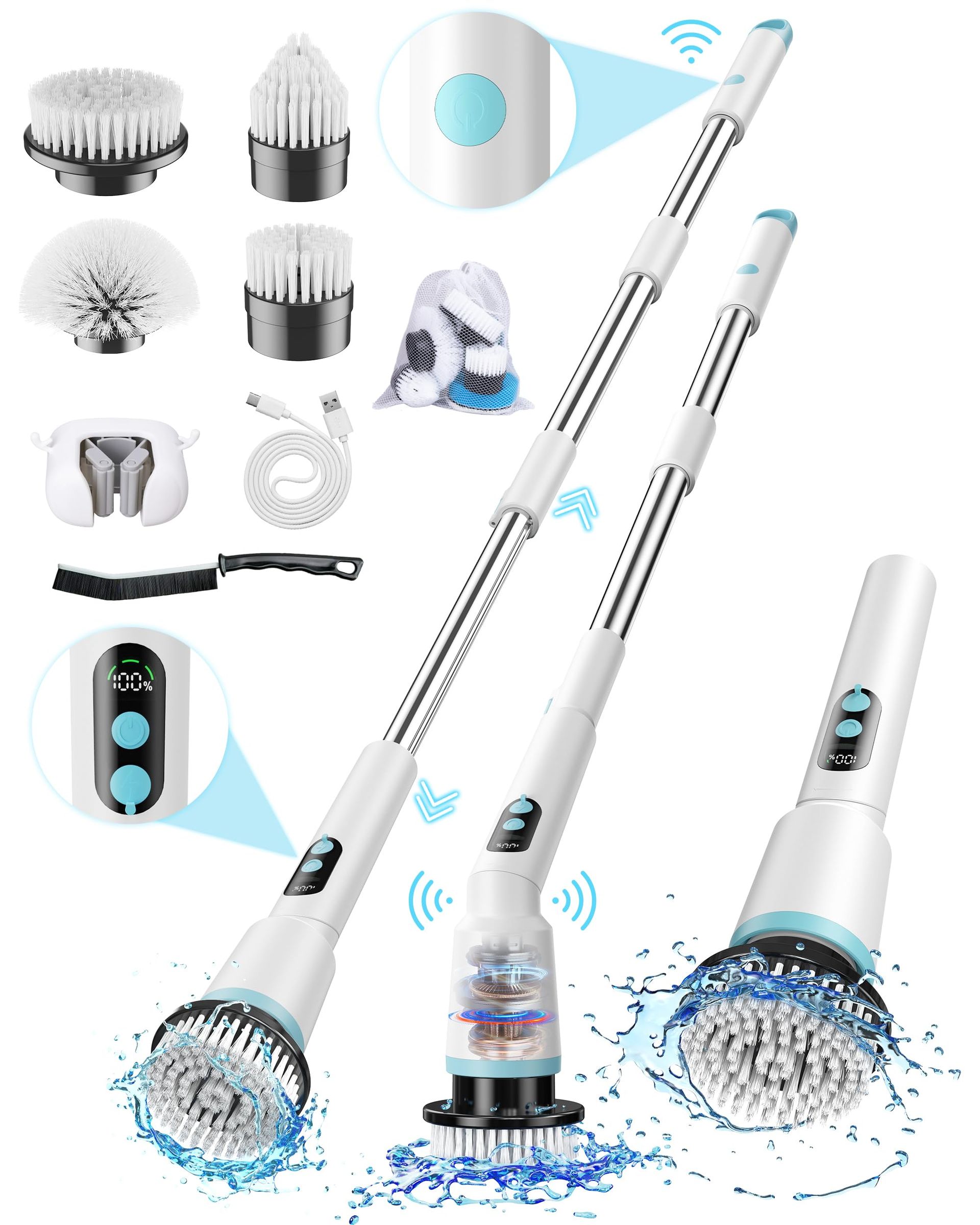 Cordless Electric Spin Scrubber with Remote Handle, IPX7 Waterproof Bathroom Cleaner with 5 Speeds and 6 Brush Heads