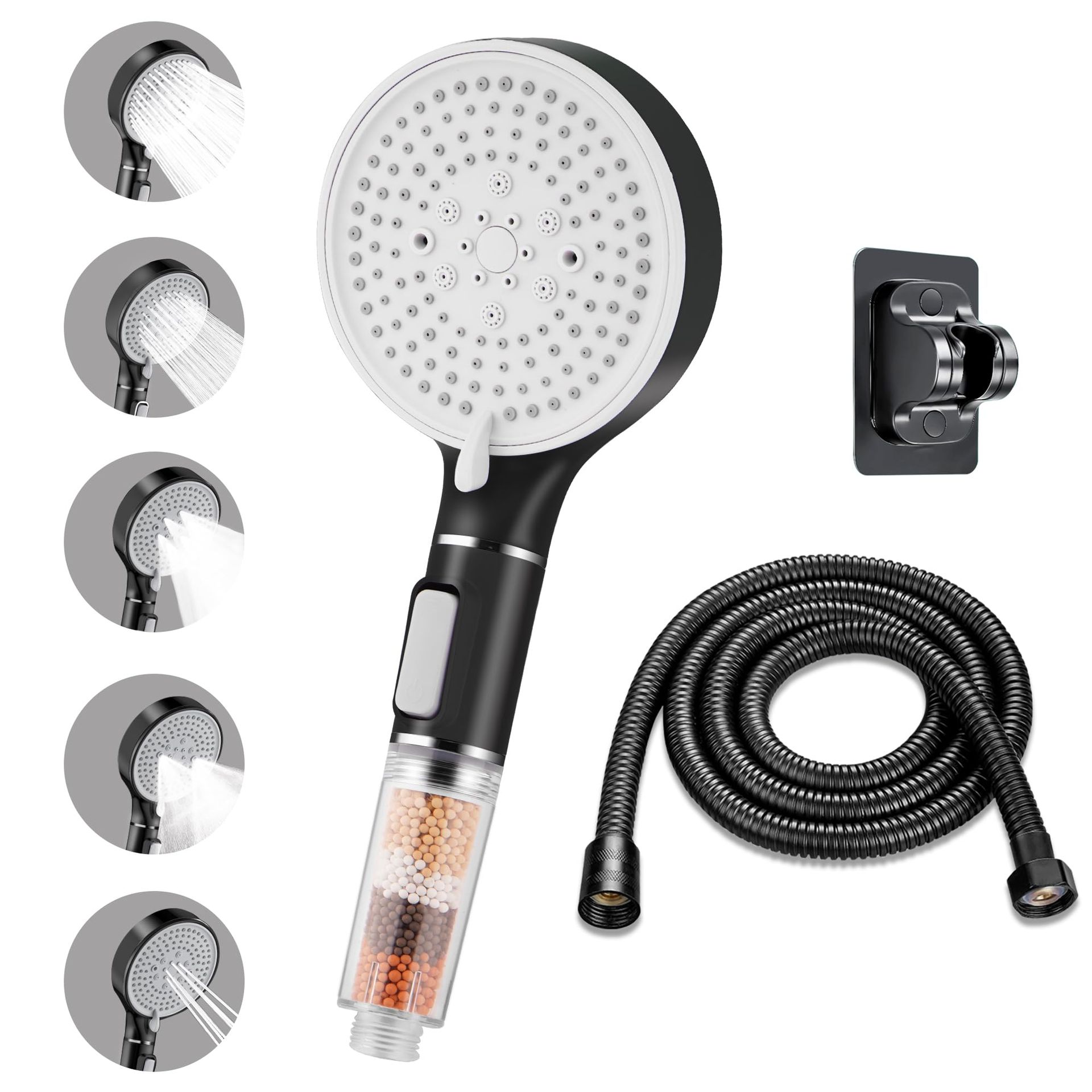 High Pressure Shower Head with Ionic Filter, 5 Spray Modes & Stop Button for Hard Water - Black