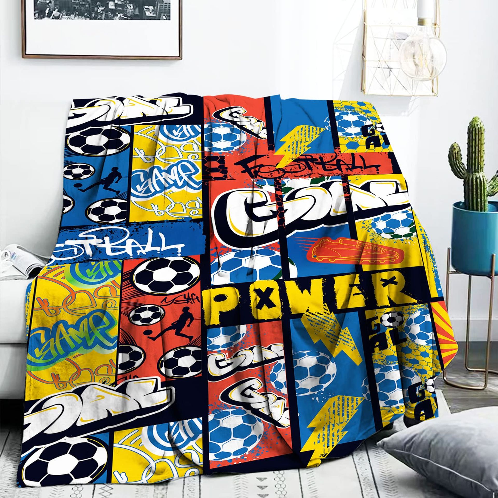 FEYG Sport Football Baby Blanket for Boys, Graffiti Theme Toddler Boys Gifts, Soccer Throw Soft Fleece Blankets Newborn Shower Birthday (102 x 127 cm), Blue-graffiti