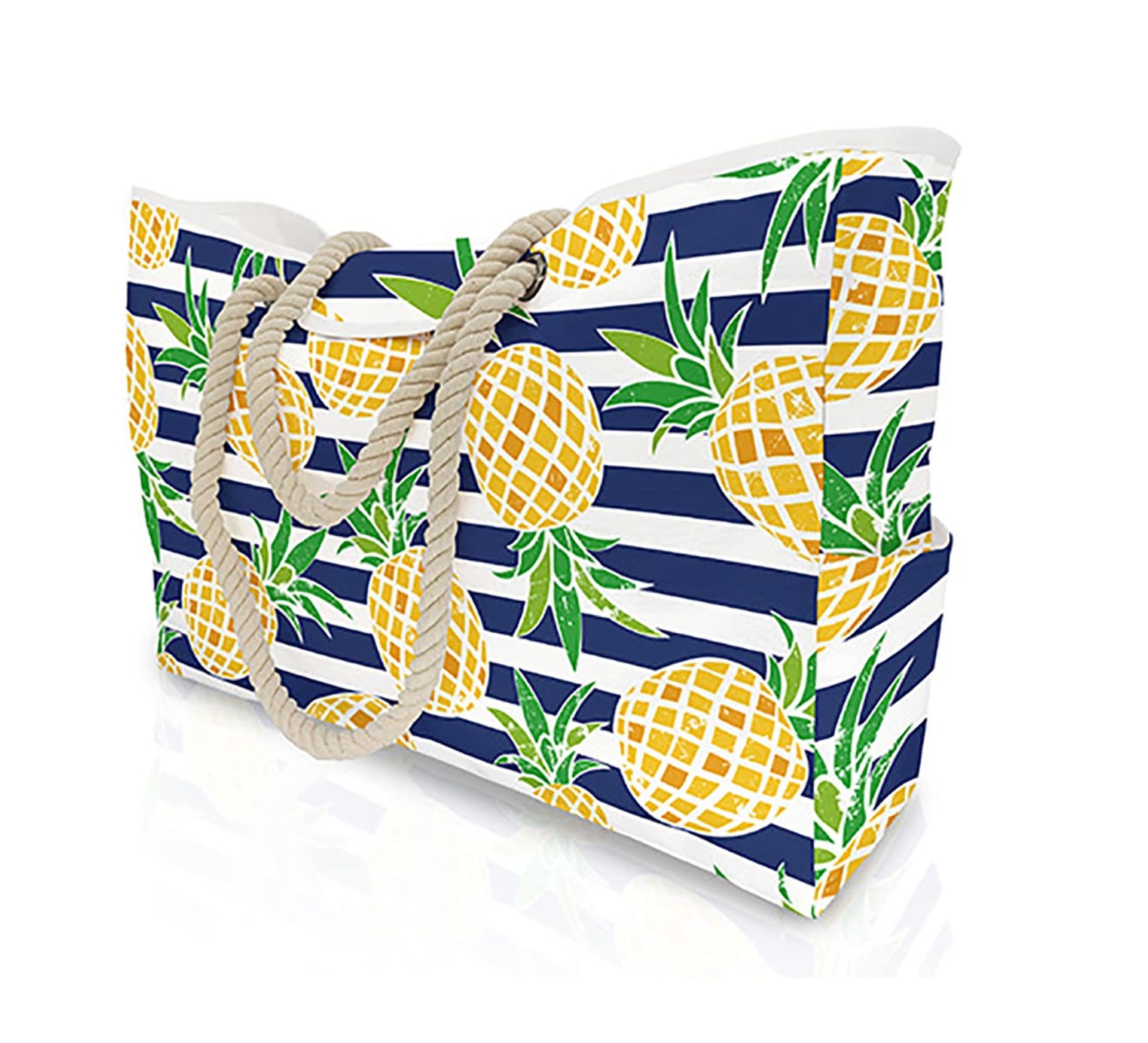 Women's Oversized Beach Tote Bag Waterproof Anti-Theft Magnetic Buckle with Inner & Outer Pockets - Pineapple Stripes XL