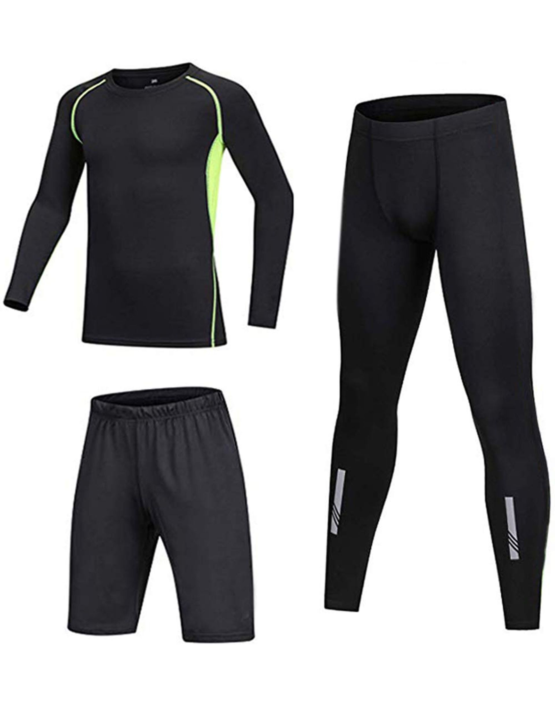 Kids' Boys 3PCS Long Sleeve Compression Sports Set with Thermal Underwear, Green with Reflective Strip