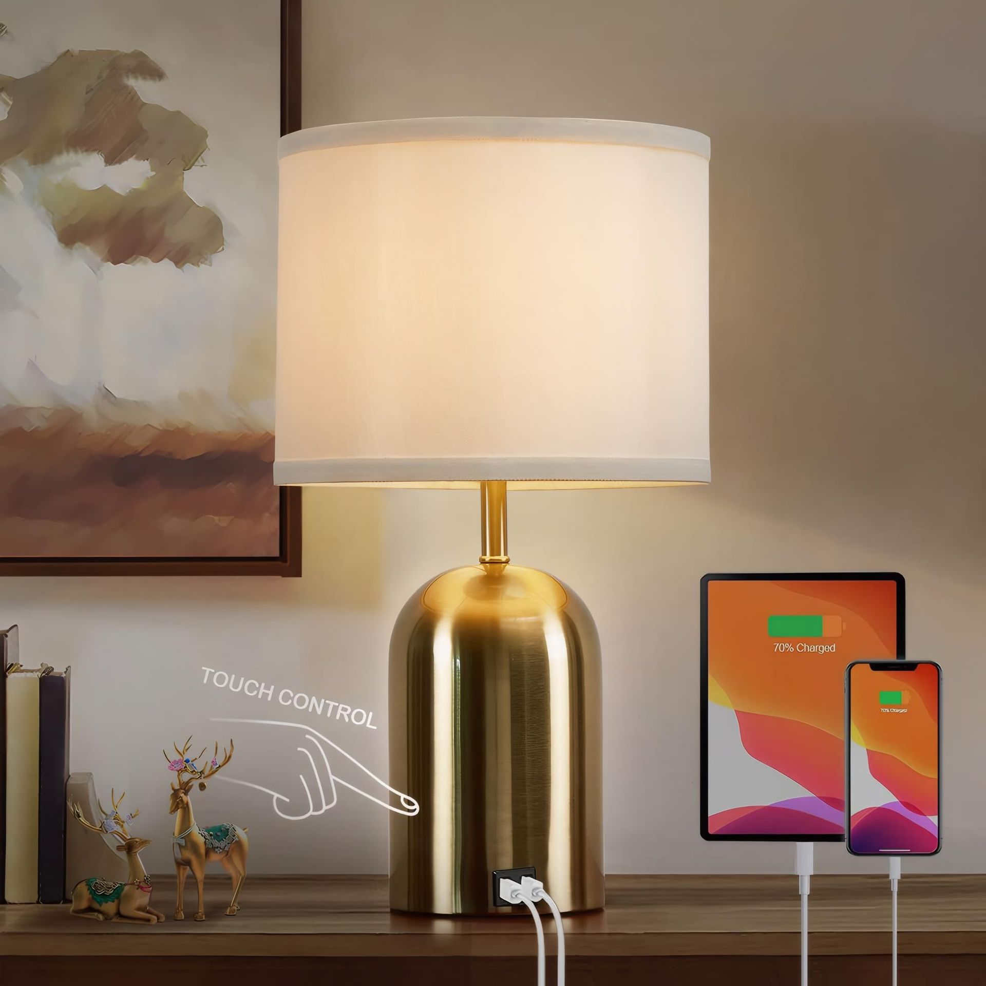 Touch Control Bedside Lamp with USB Port, 3-Way Dimmable Modern Table Lamp with Fabric Shade & LED Bulb - Gold Base