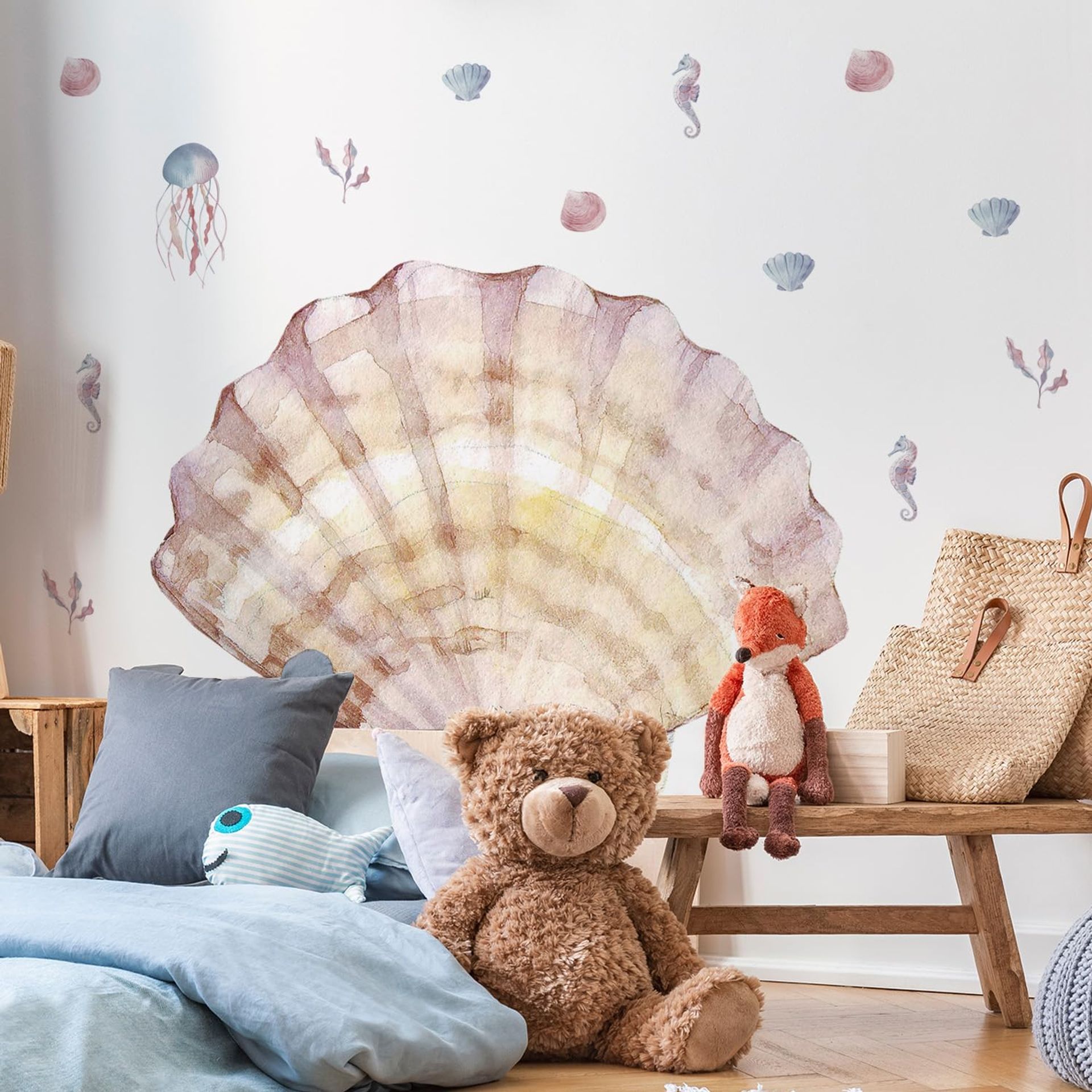 Boho Nursery Wall Stickers - Under The Sea Ocean Décor, Self-Adhesive Pink Shells, Kids Room Décals