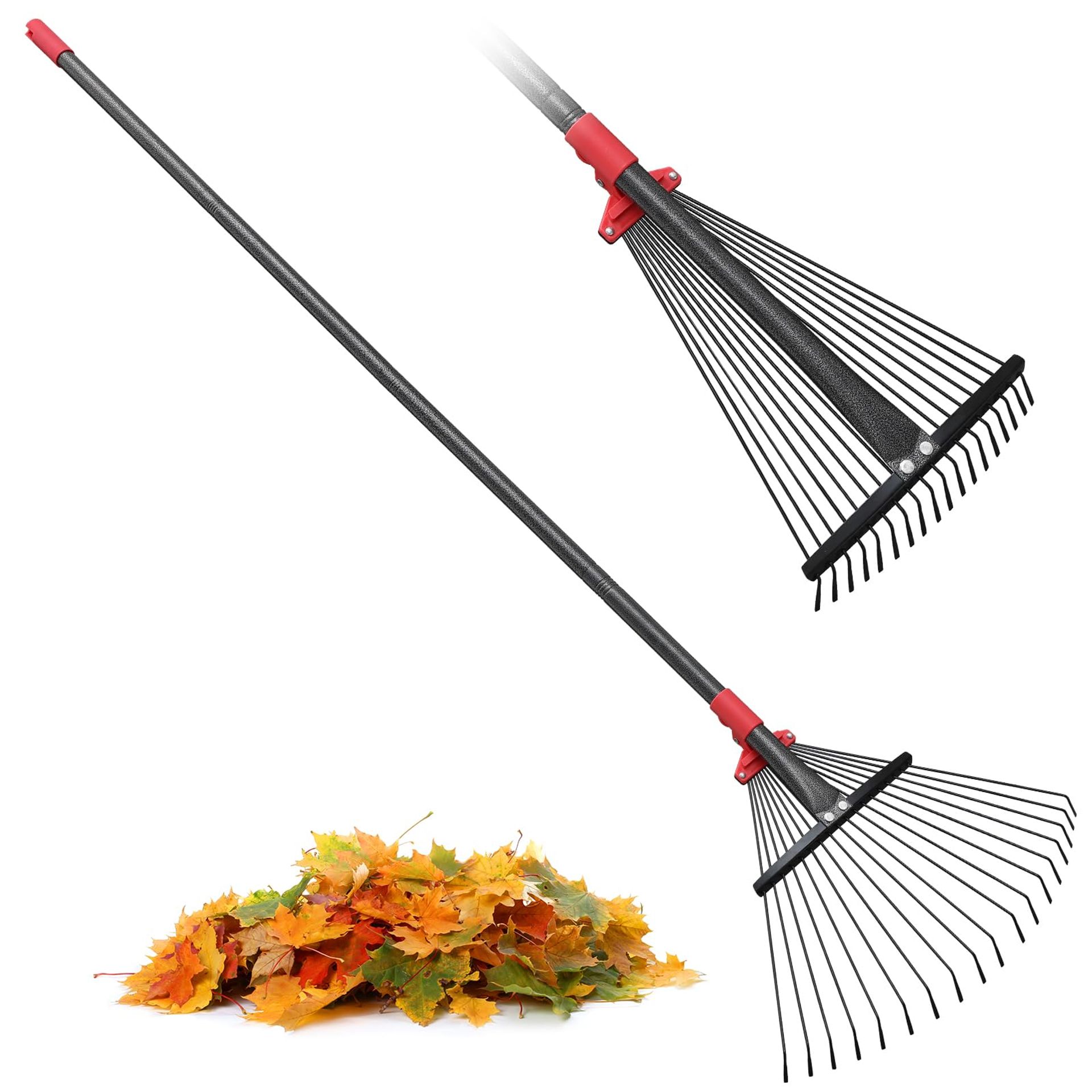 Heavy Duty Adjustable Garden Leaf Rake with Extendable Handle & Anti-Rust Metal Tines