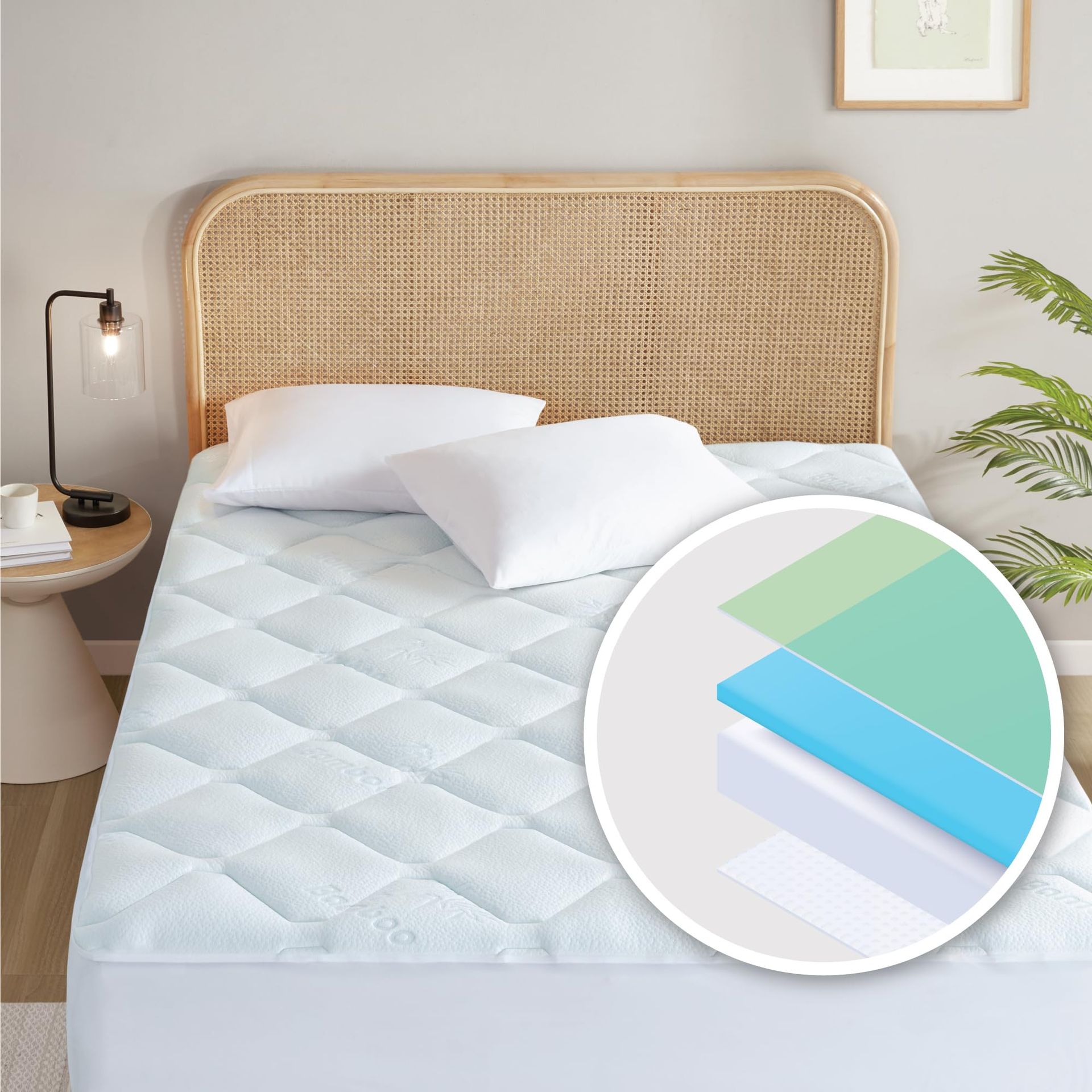 Memory Foam Mattress Topper 1 Inch with Soft Bamboo Cover Extra Deep Pocket Breathable Comfort Pad - White King (150x200x3cm)