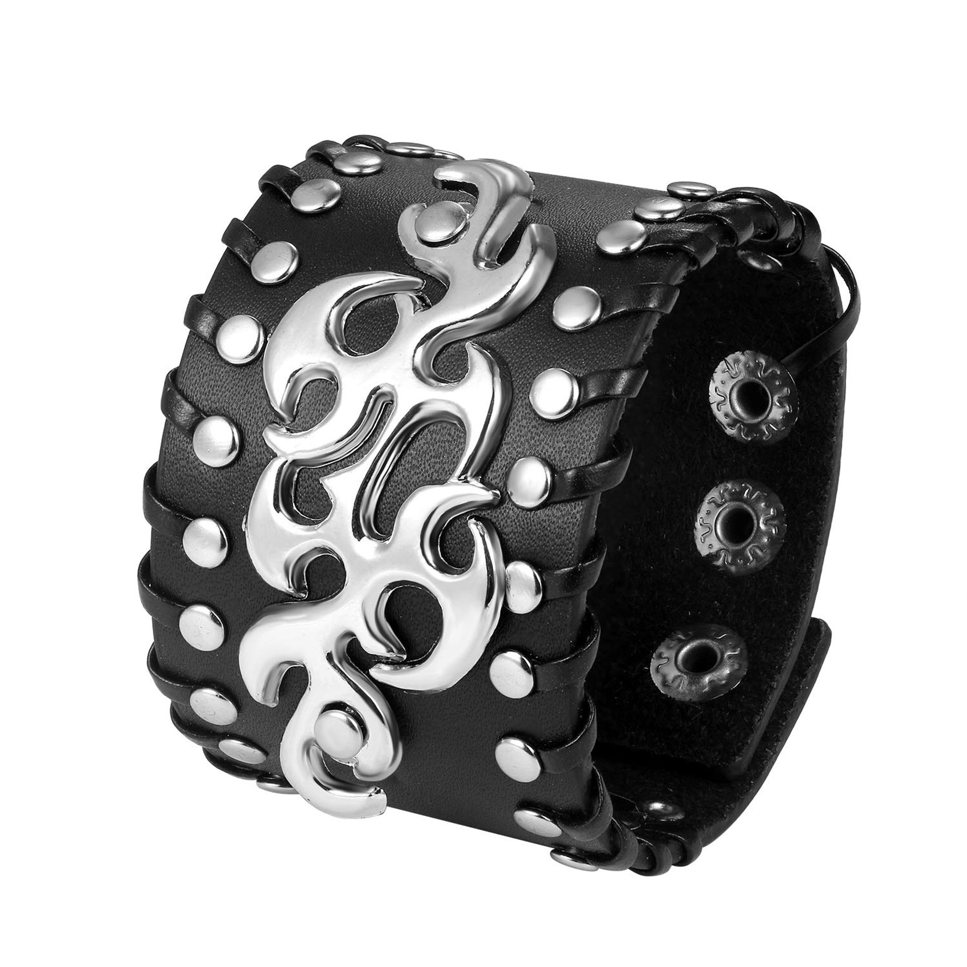 JewelryWe Flame Studded Bracelet Punk Rock Biker Leather Cuff Bracelets Wristband for Men,Adjustable