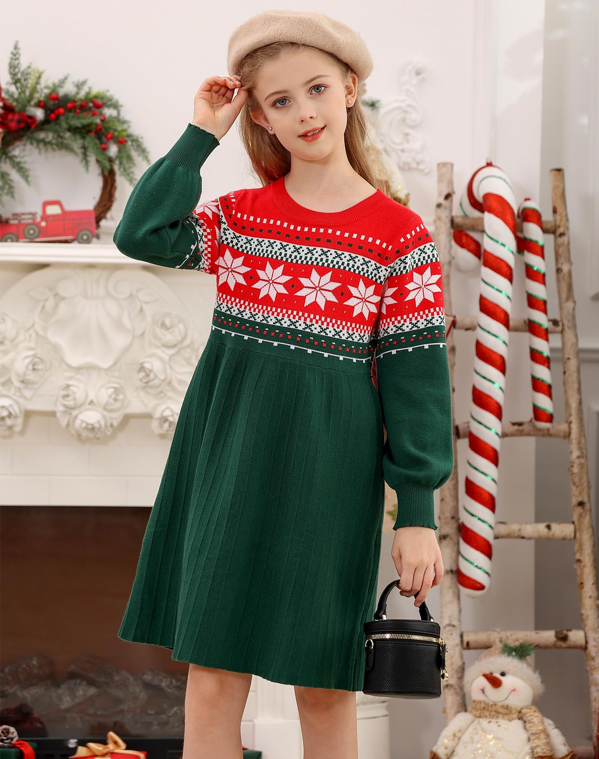 Belovecol Girl Long Sleeve Knit Sweater Green Dress Christmas Dress Snowf