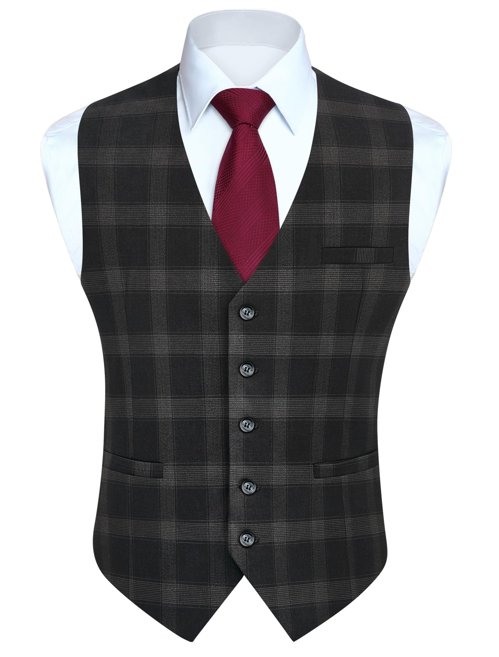 Men's Formal Tartan Waistcoat Classic Check Suit Vest with Pockets - Dark Grey M